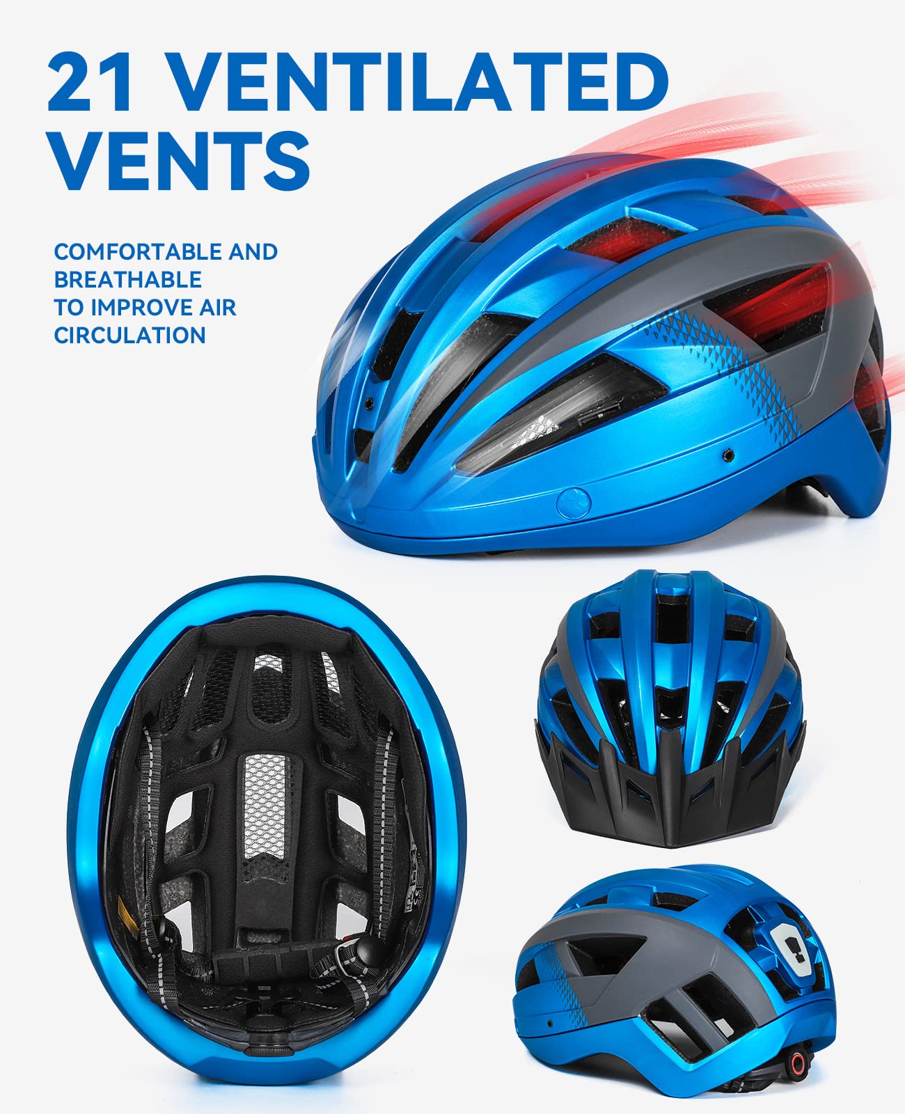 Kask rowerowy męski i damski, lekki kask rowerowy z magnetycznym wizjerem i ładowaniem przez USB, stylowy kask górski 57-61 cm, biało-czarny (M: 54-58 cm, Niebiesko szary)