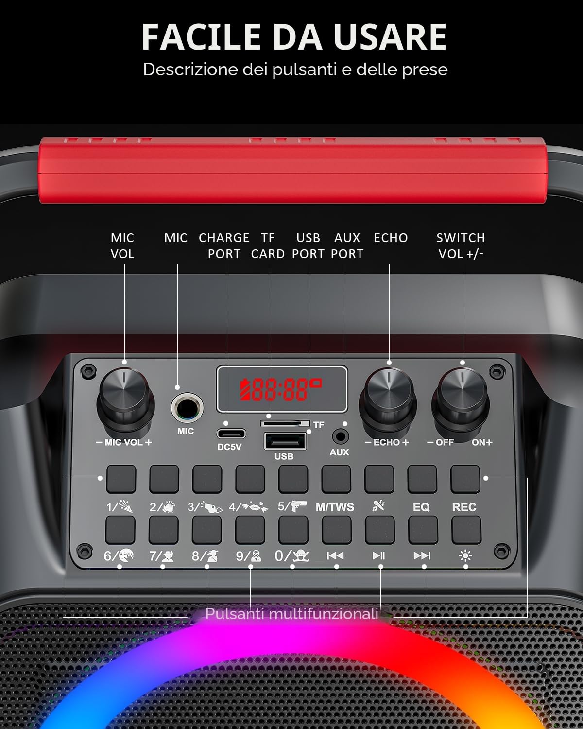 Karaoke con 2 microfono，Cassa Portatile Bluetooth con LED Luci,karaoke professionale completo,Ideale per Home Party e Regalo,Stereo TWS,Supporta USB/TF/AUX