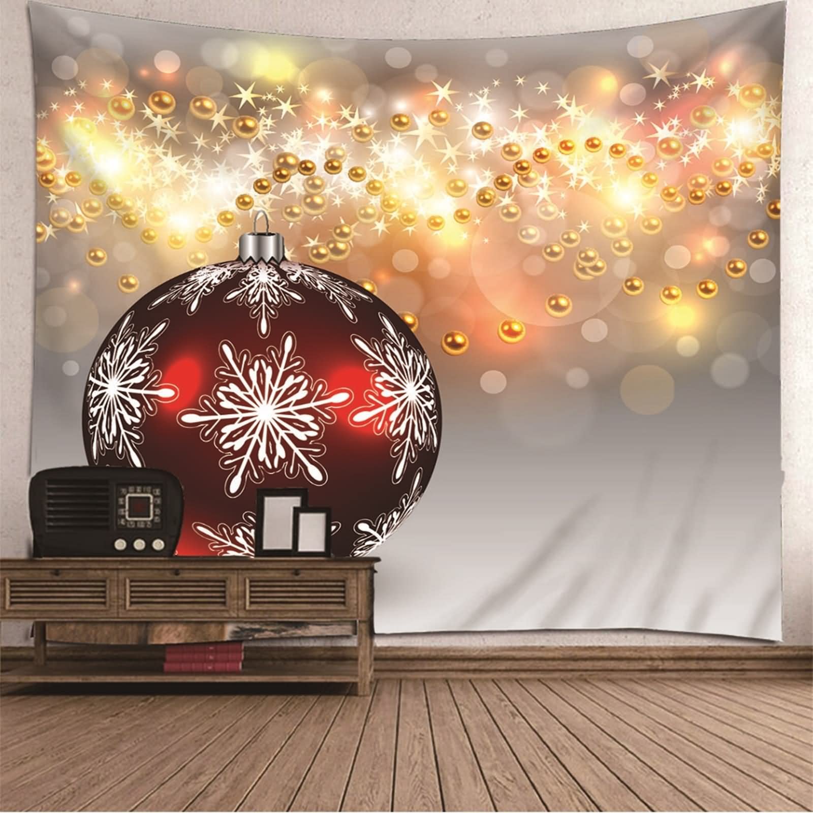 Tapices Colores, Tapiz Navideño Bola con Copo de Nieve con Estrellas Rojo Oro Blanco Gris Poliéster 240X220cm