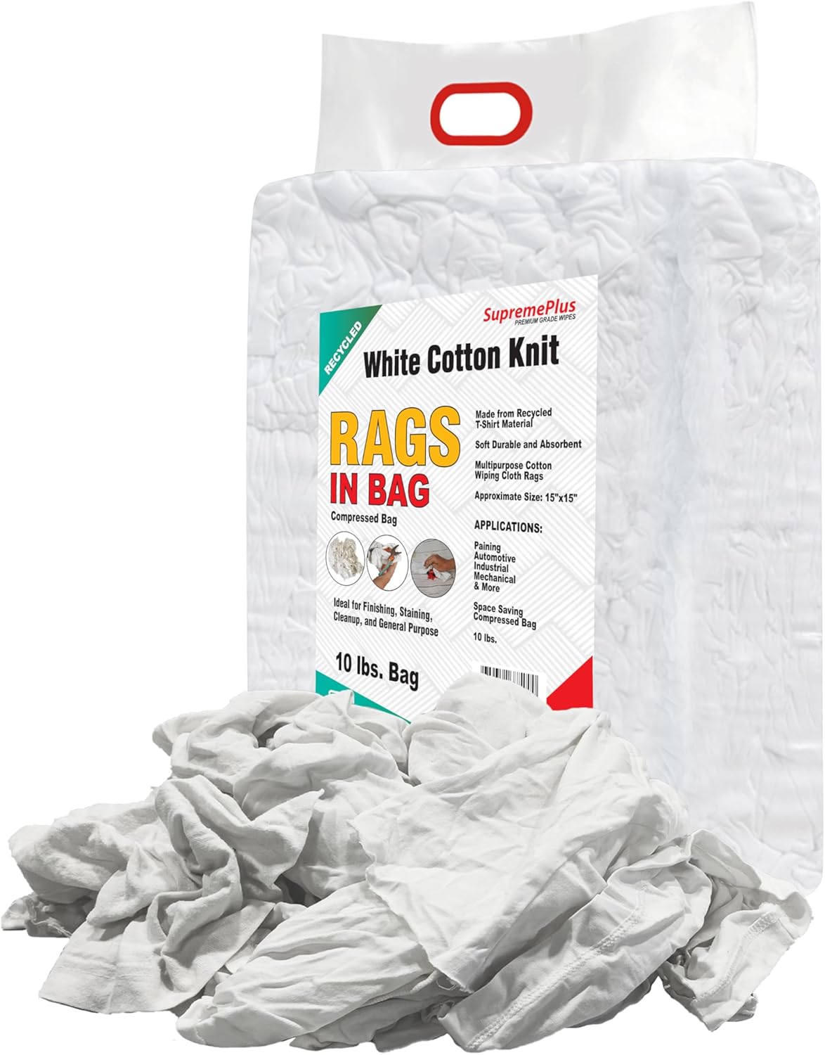 Recycled White T-Shirt Cleaning Rags (10 lbs. Bag) – Shop Rags Bulk for Oil, Stain, Grease, Paint, and Auto Cleaning, Multipurpose