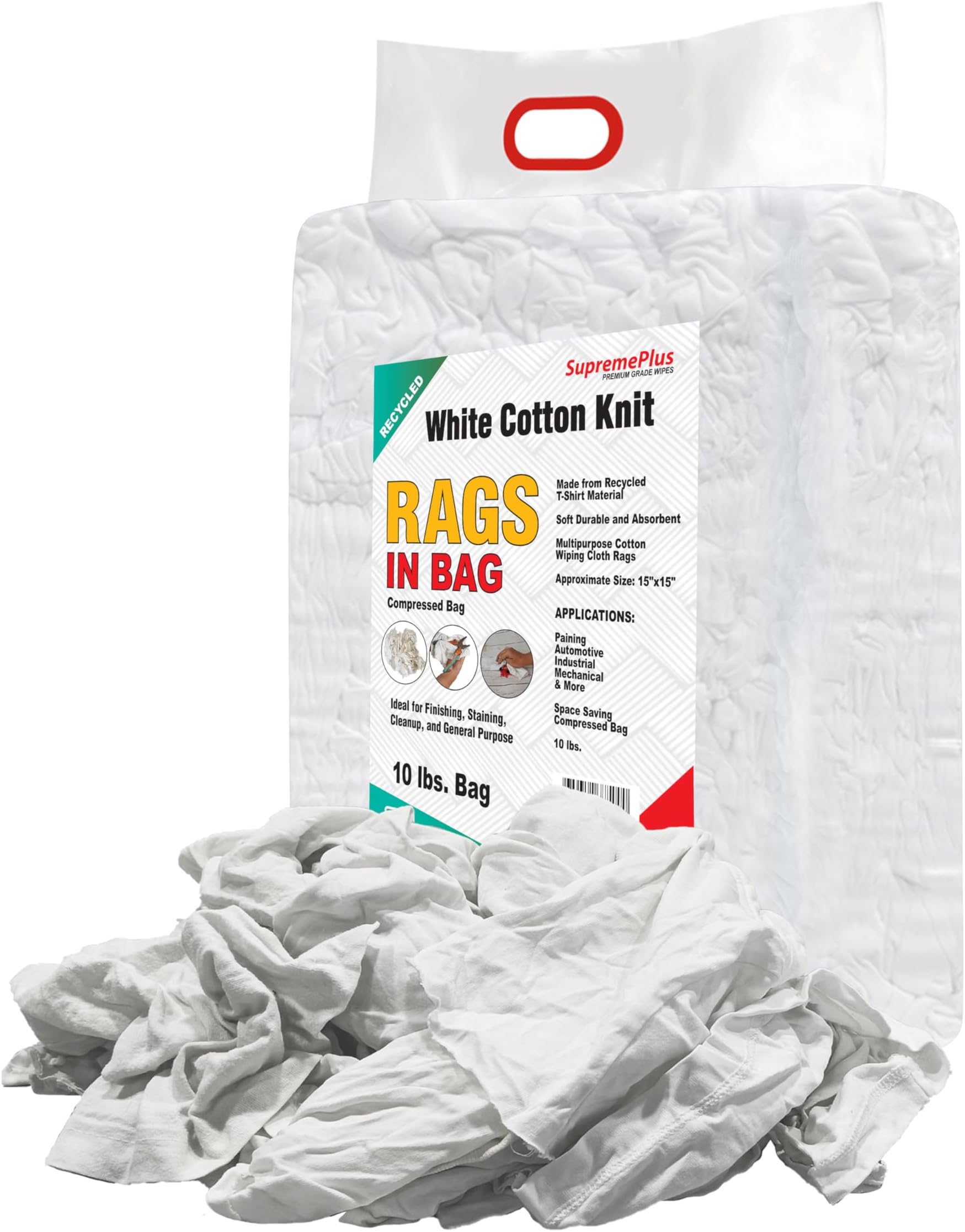 Recycled White T-Shirt Cleaning Rags (10 lbs. Bag) – Shop Rags Bulk for Oil, Stain, Grease, Paint, and Auto Cleaning, Multipurpose