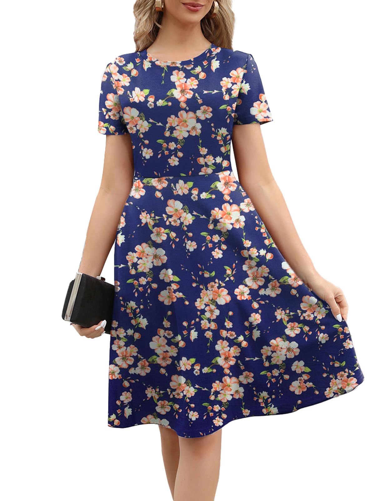 Women's 2026 Fit and Flare Dress Summer Casual Elegant Vintage Floral Printed Work Party A-line Dress with Pockets 162