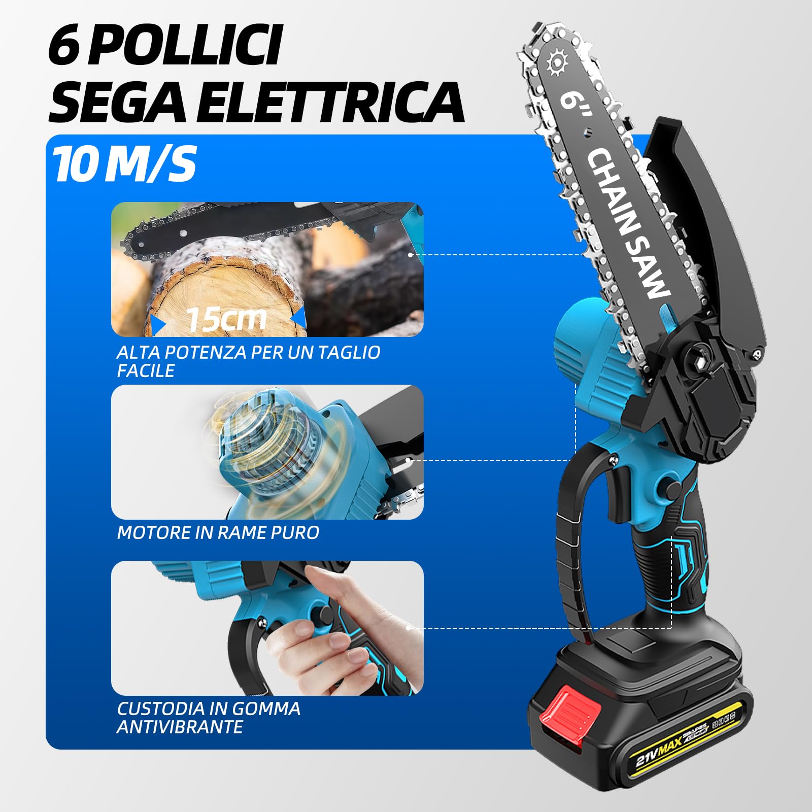 4 in 1 Potatore a batteria Motosega Mini da 15 cm (6″) con asta telescopica (2,5 m) + Cesoia elettrica 35 mm, incl. 2 batterie 21V – perfetto per la cura degli alberi e il taglio dei rami