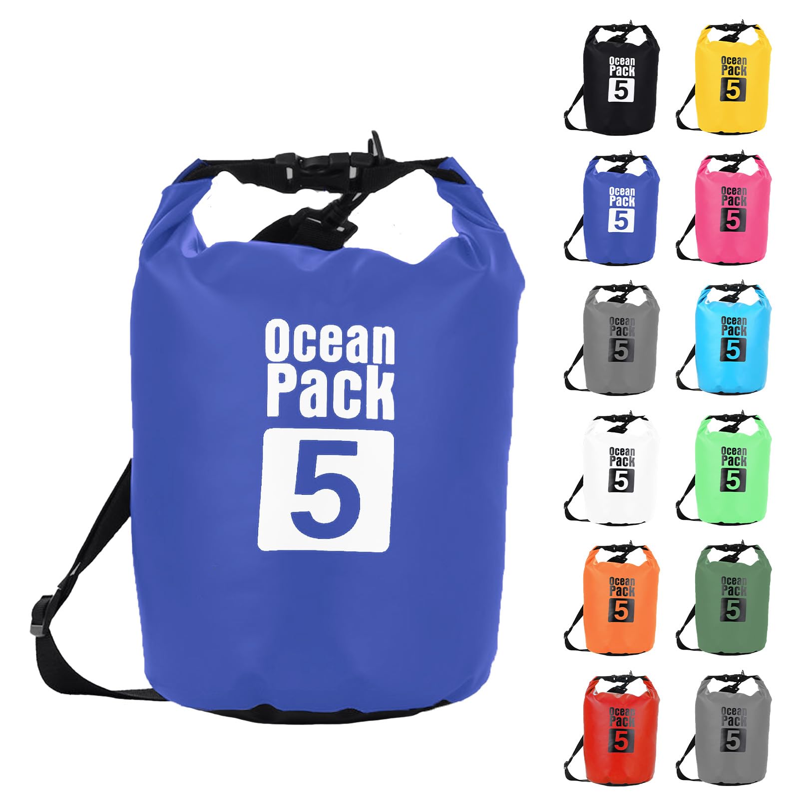 MOMAHUA 5L Waterproof Dry Bag with Single Shoulder Strap - Blue Durable PVC Roll Top Dry Sack - Reusable Gear Protector for Kayaking, Boating, Beach, Swimming, Camping and Outdoor Sports