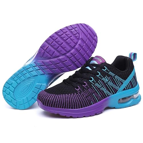 FLIOZY Womens Running Shoes Air Cushion Lightweight Sneakers Lace up Walking Tennis Shoes for Women - 9 - Black-purple