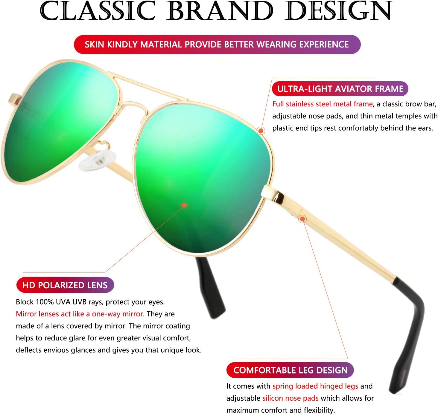 AIEYEZO Classic Aviator Polarized Sunglasses for Men Women Spring Hinge Metal Frame UV400 Protection - Image 4