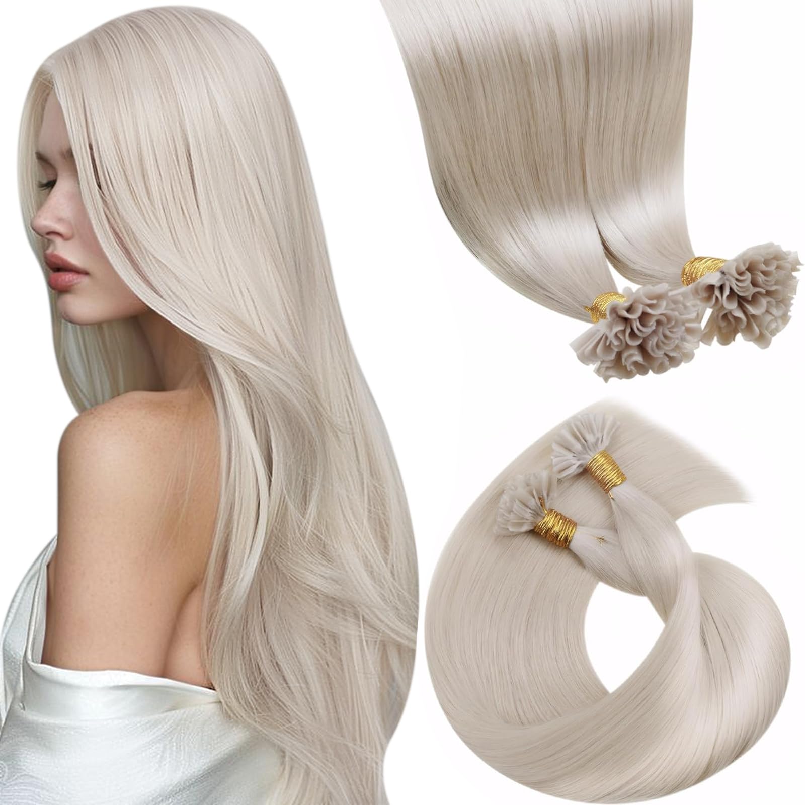 LaaVoo Extension Cheveux Naturel Keratine Blanc 100g 100 Mèche 45cm Extension Cheveux Humain Keratine Platine Remy #60