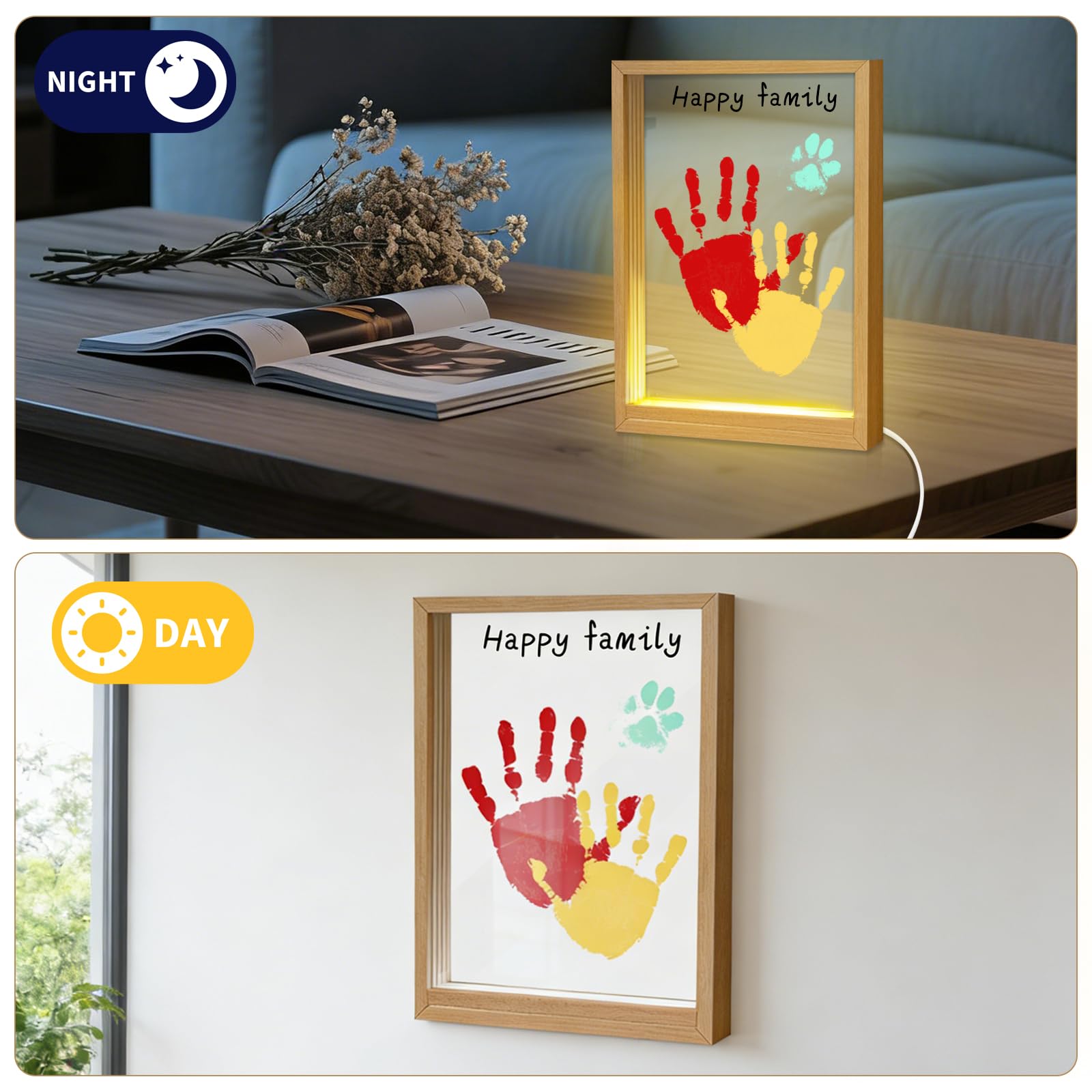Kit Impronta Mano Famiglia con Lucietta LED, Spazio per 4 Persone, Kit Impronta Mano e Piede Bebè, Impronta Neonato, Cornice in Legno da Creare per Regalo