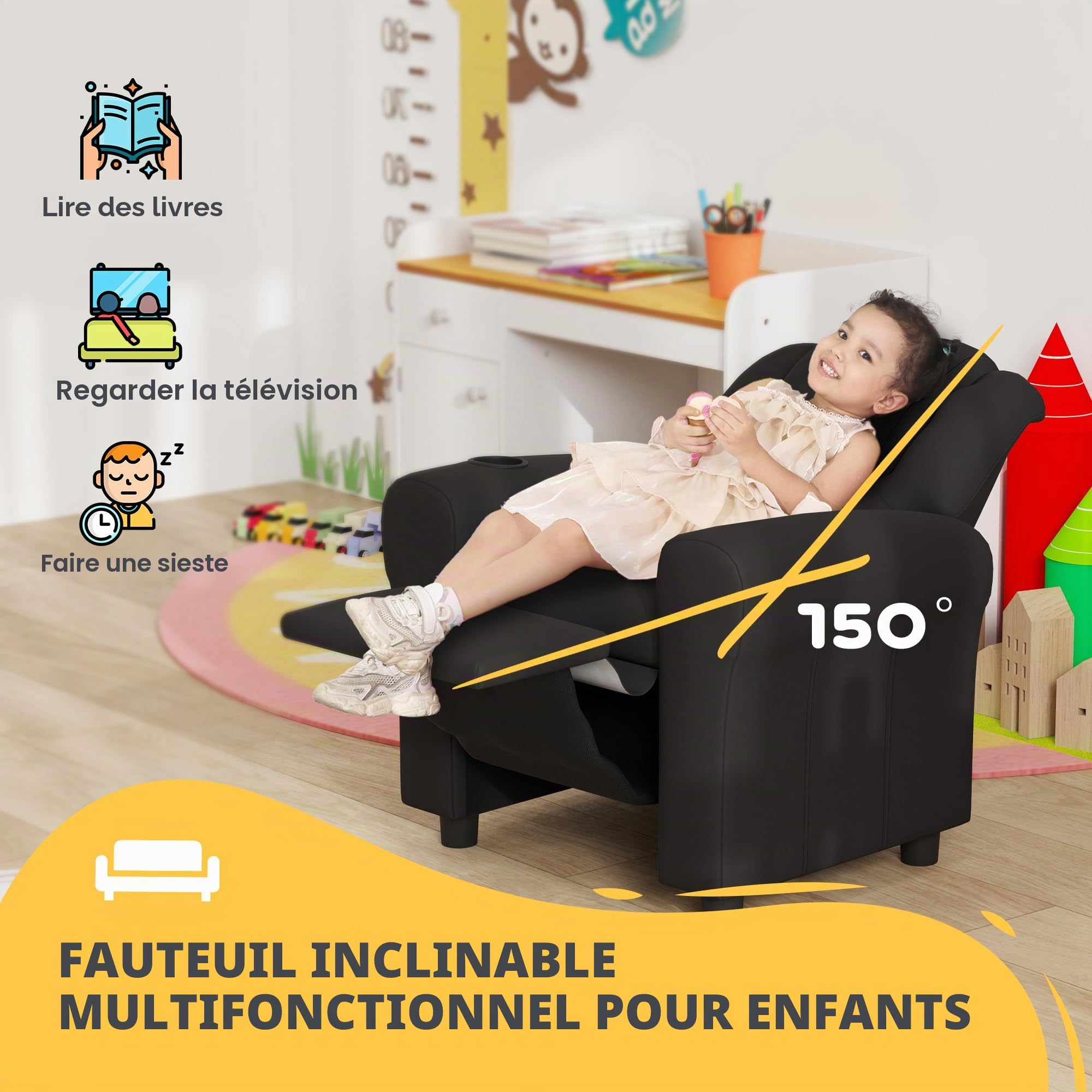 HOMCOM Fauteuil de Repos pour Enfants, Fauteuil pour Enfants en Cuir PU, pour, pour Jeunes avec Dossier réglable, Repose-Pieds, Appui-tête rembourré, Porte-gobelet,