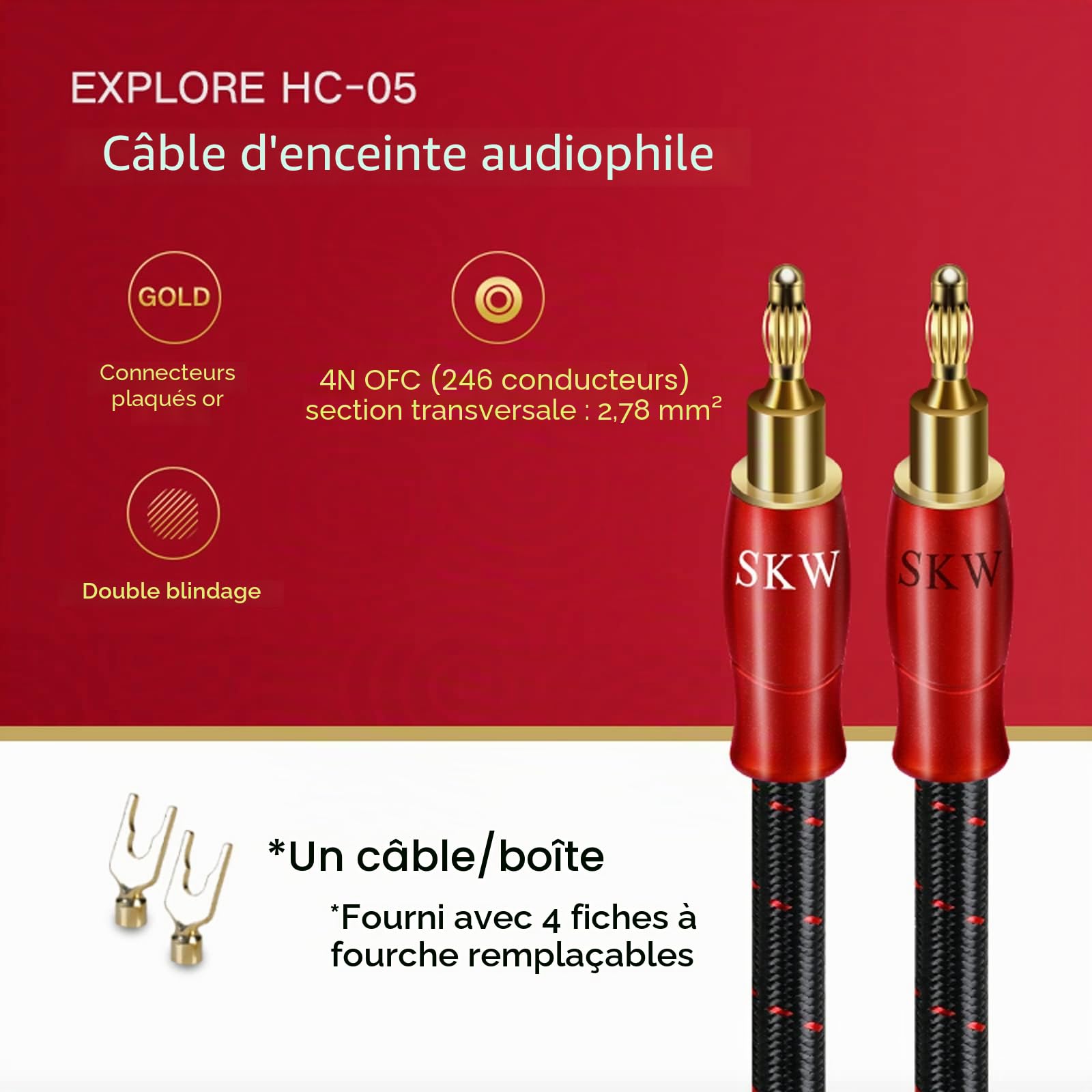SKW Câble de haut-parleur simple 14 AWG, en cuivre OFC - Câble de haut-parleur avec fiches banane plaquées or, fiche à vis à fourche, tissu en coton tressé (5 m, rouge)