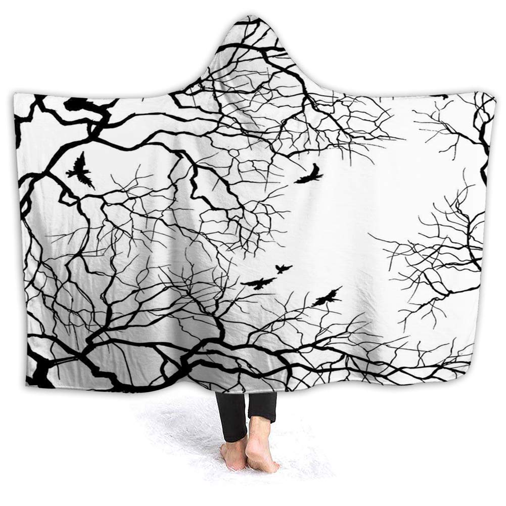 YOWAKi Ultra-Soft Micro Fleece Soft and Warm Throw Hooded Blanket,Nature,Birds Flying Over Twiggy Tree Branches Autumn Season Sky View Artwork Print,80" 60",Black Print