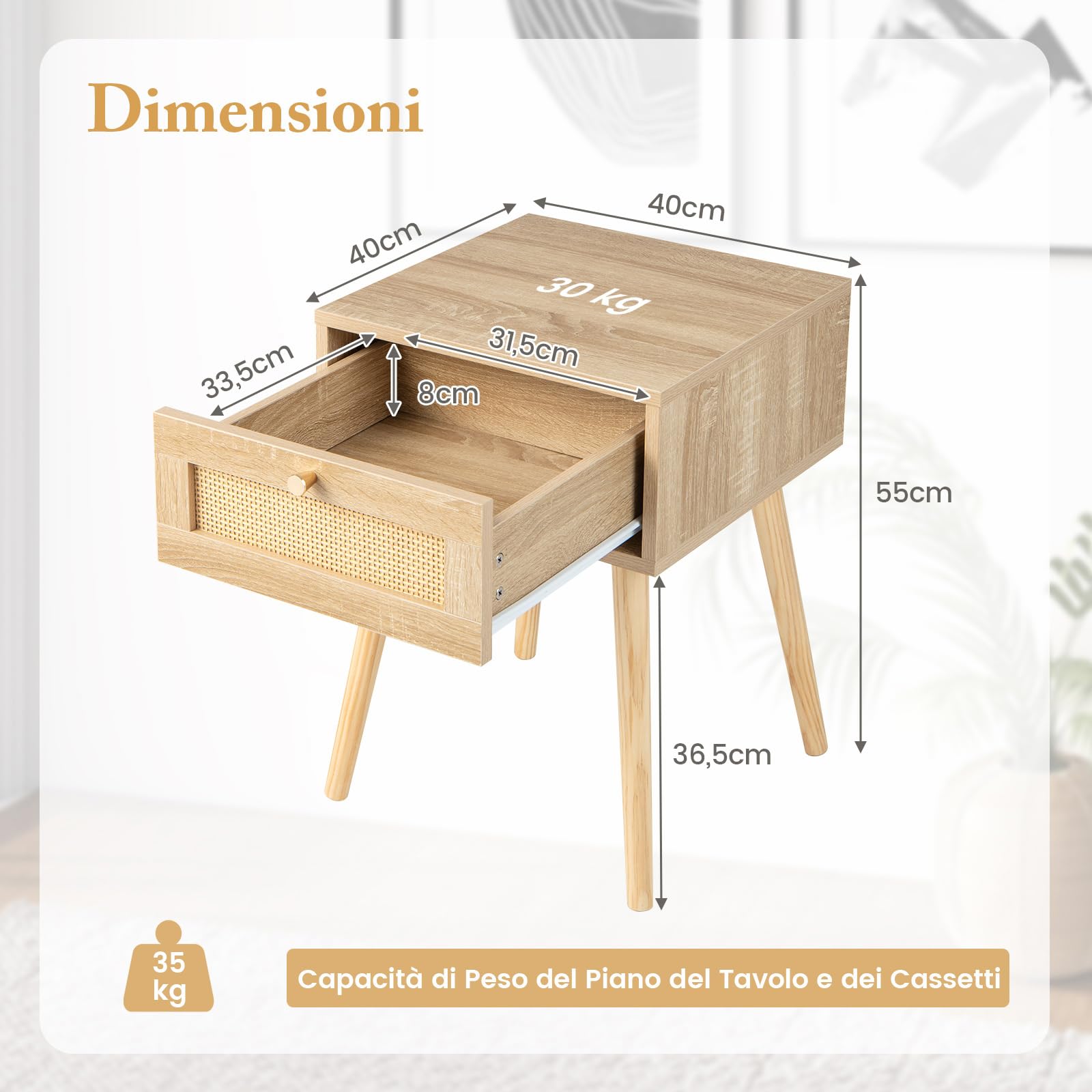 COSTWAY Set di 2 Comodini in Stile Boèmo in Legno e Rattan con Cassetto