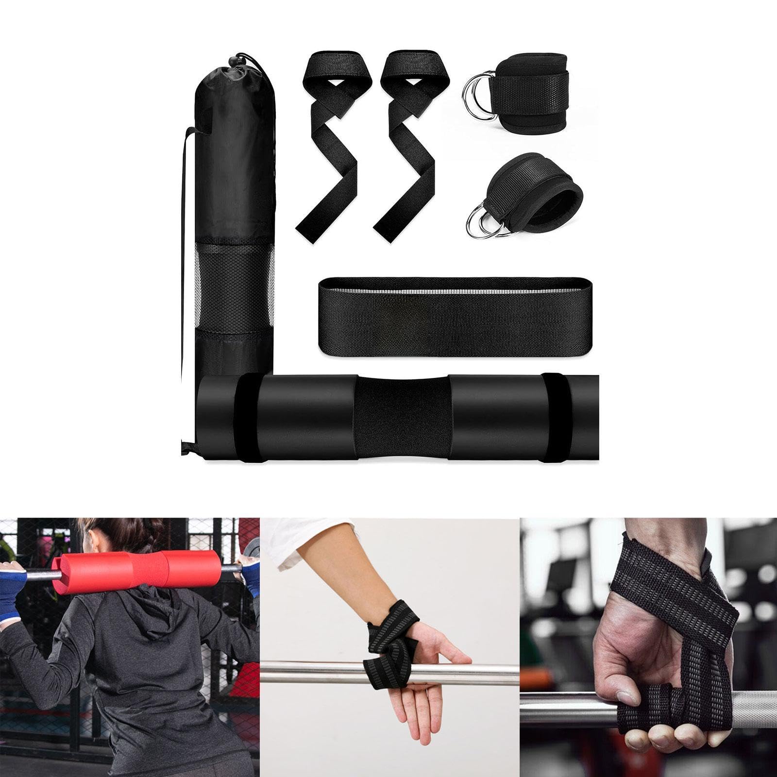 Langhantelpolster Set für Kniebeugen, Schulter & Nackenschutz mit Widerstandsband, Stangenkissen für Hip Thrust, Gewichtheben, Fitness