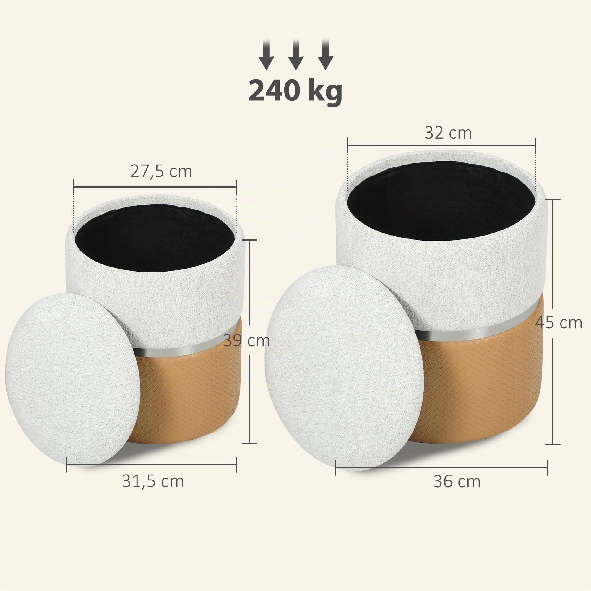 HOMCOM Juego de 2 Puff Almacenaje Asiento Acolchado Marrón y Crema | Baúles de Almacenaje Redondos, Tapizados en Chenilla y PU, para Pasillo, Dormitorio, Salón