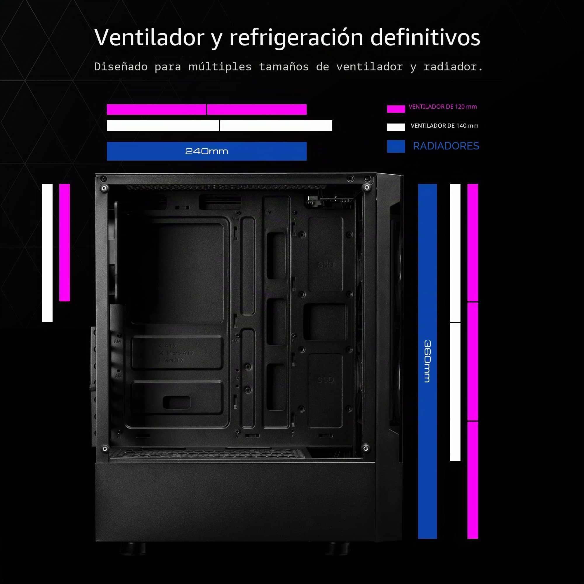 GAMDIAS TALOS E3 Caja para PC ATX Mid Torre, 3 Ventiladores ARGB 120 mm, Panel Vidrio Templado sin Herramientas, Soporte ATX, Diseño con Cubierta de PSU, Negro