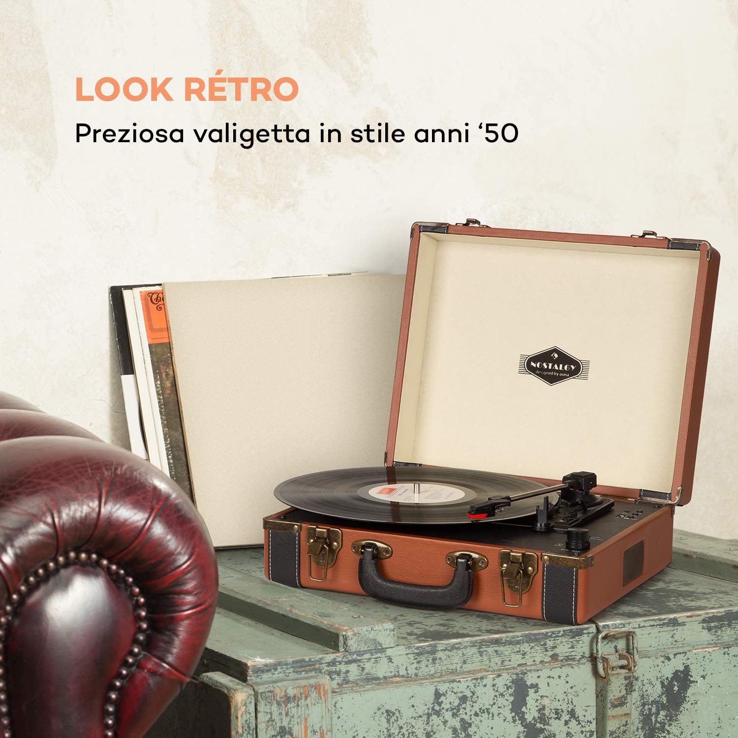 AUNA Jerry Lee - Giradischi Vintage, Lettore Vinili, Unità a Cinghia, Altoparlanti Stereo, USB, 3 Velocità, 33/45/78 giri/min, 3 Dimensioni di Dischi, Funzione di Avvio Automatico, Marrone Chiaro