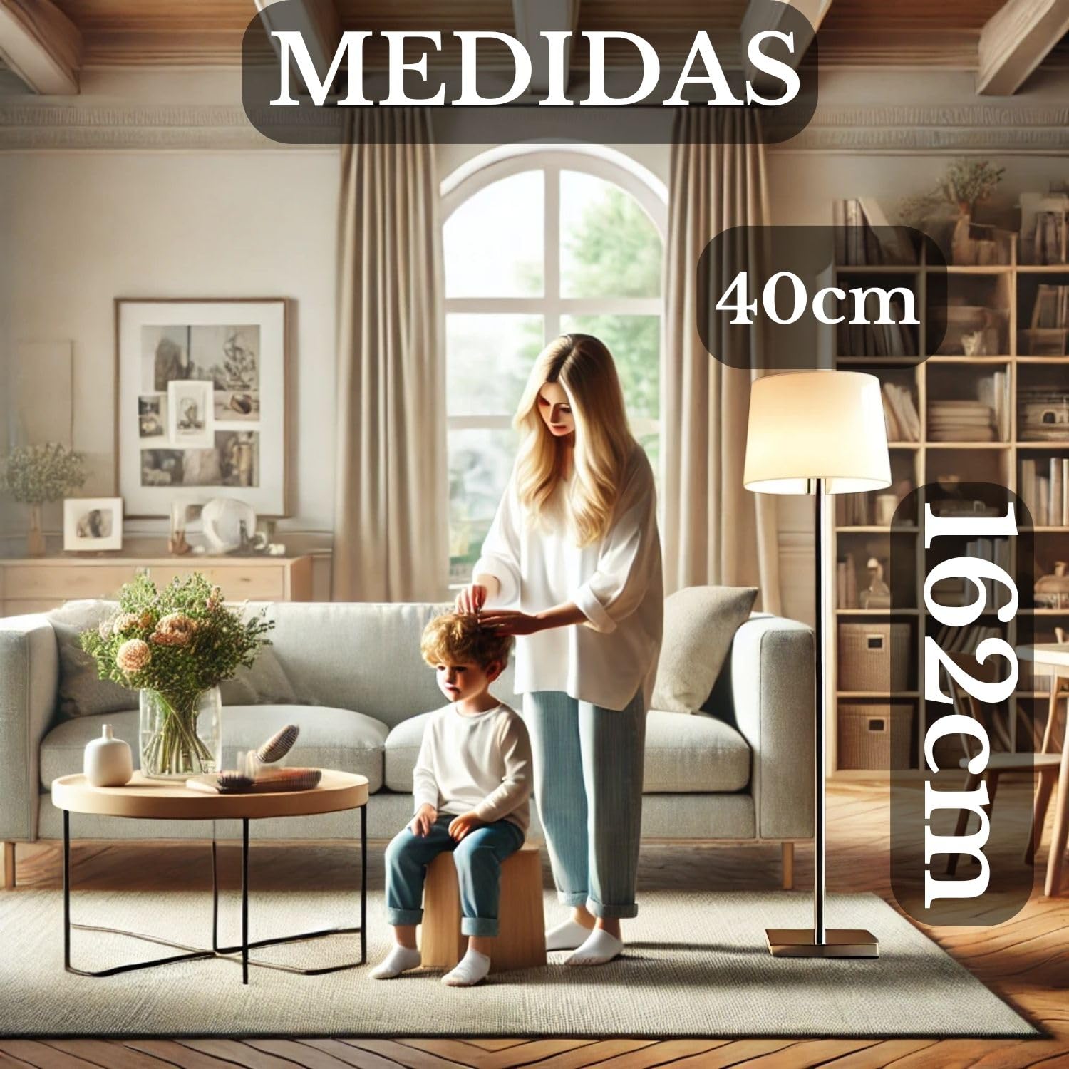 lampara de pie salon FIRENZE -lámpara pie de níquel satinado pantalla blanca incluida - lamparas de pie - E27 IP20 - lamparas de pie para salon - candeeiro de pé - floor lamp