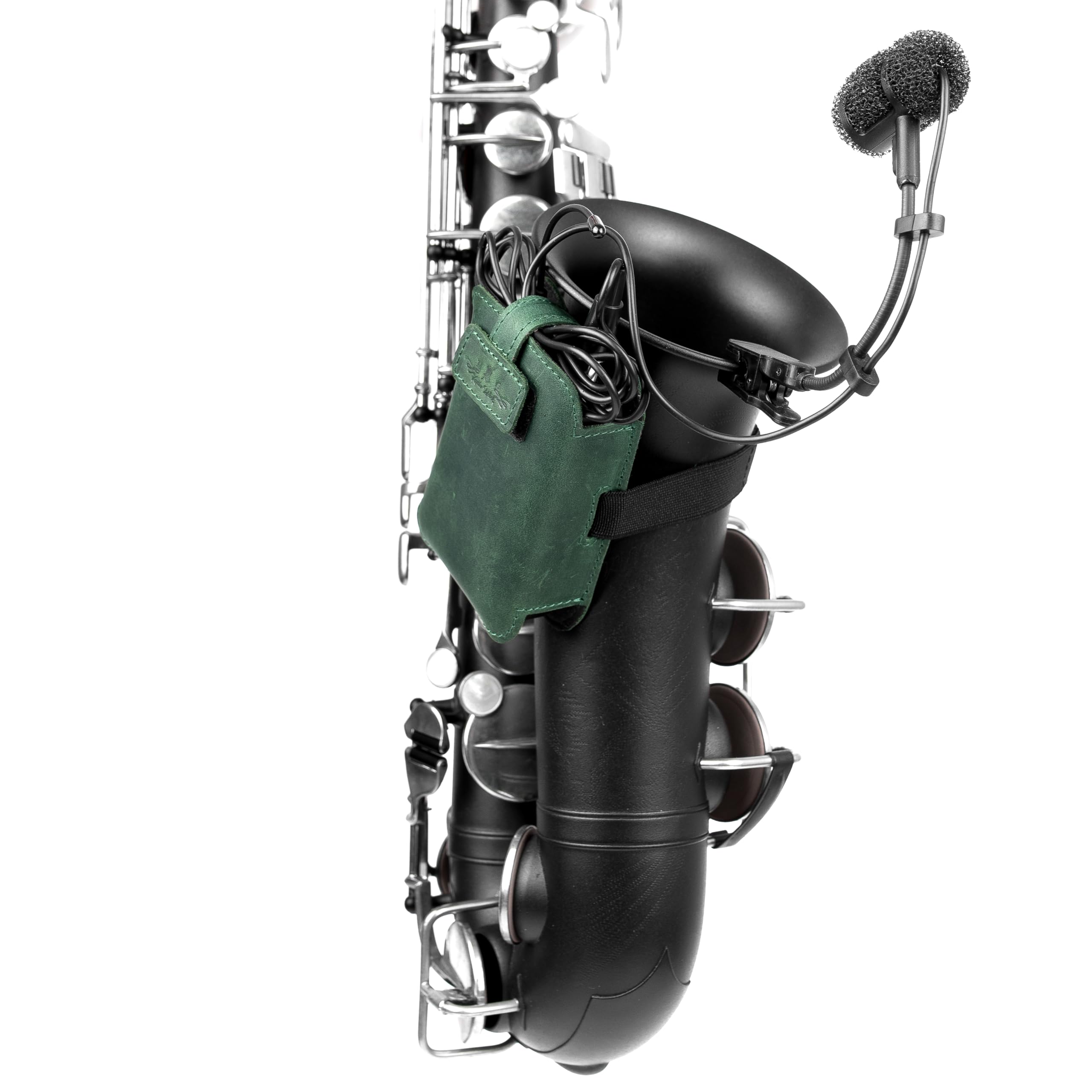 Sassofono microfono trasmettitore porta microfono in vera pelle cinghie elastiche regolabili per vestibilità sicura ideale per jazz, studio, concerti dal vivo (verde)