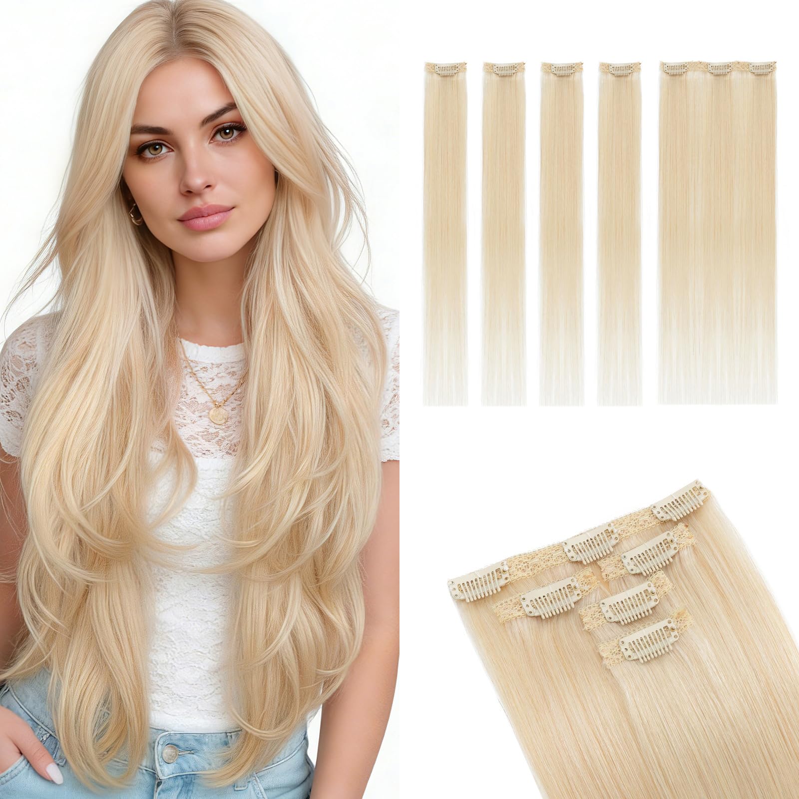 MY-LADY Clip in Extensions Echthaar für Feines Haar 5PCS 35cm mit Unsichtbaren Lace Clips Haarverlängerung für Sanftes Volumen #60 Platinblond 42g Glatt