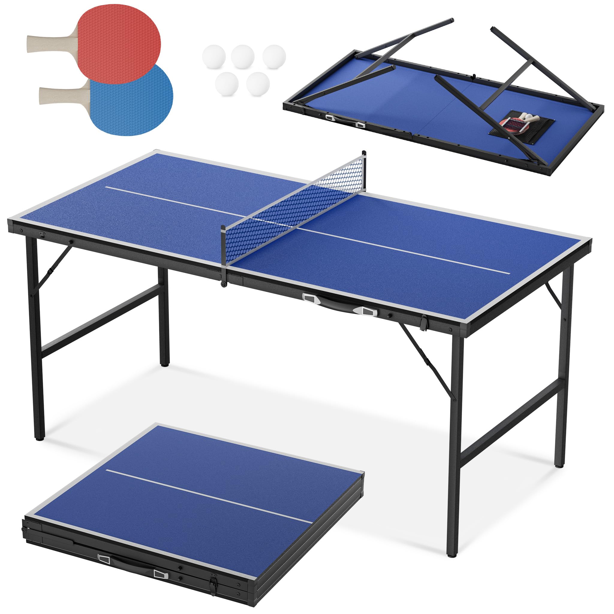 FIVMEN Mesa de ping pong mini mesa 152,5 x 76 cm mesa de ping pong exterior plegable con 2 raquetas, 5 bolas, 1 red, práctico juego de ping pong para interiores cubiertos exteriores