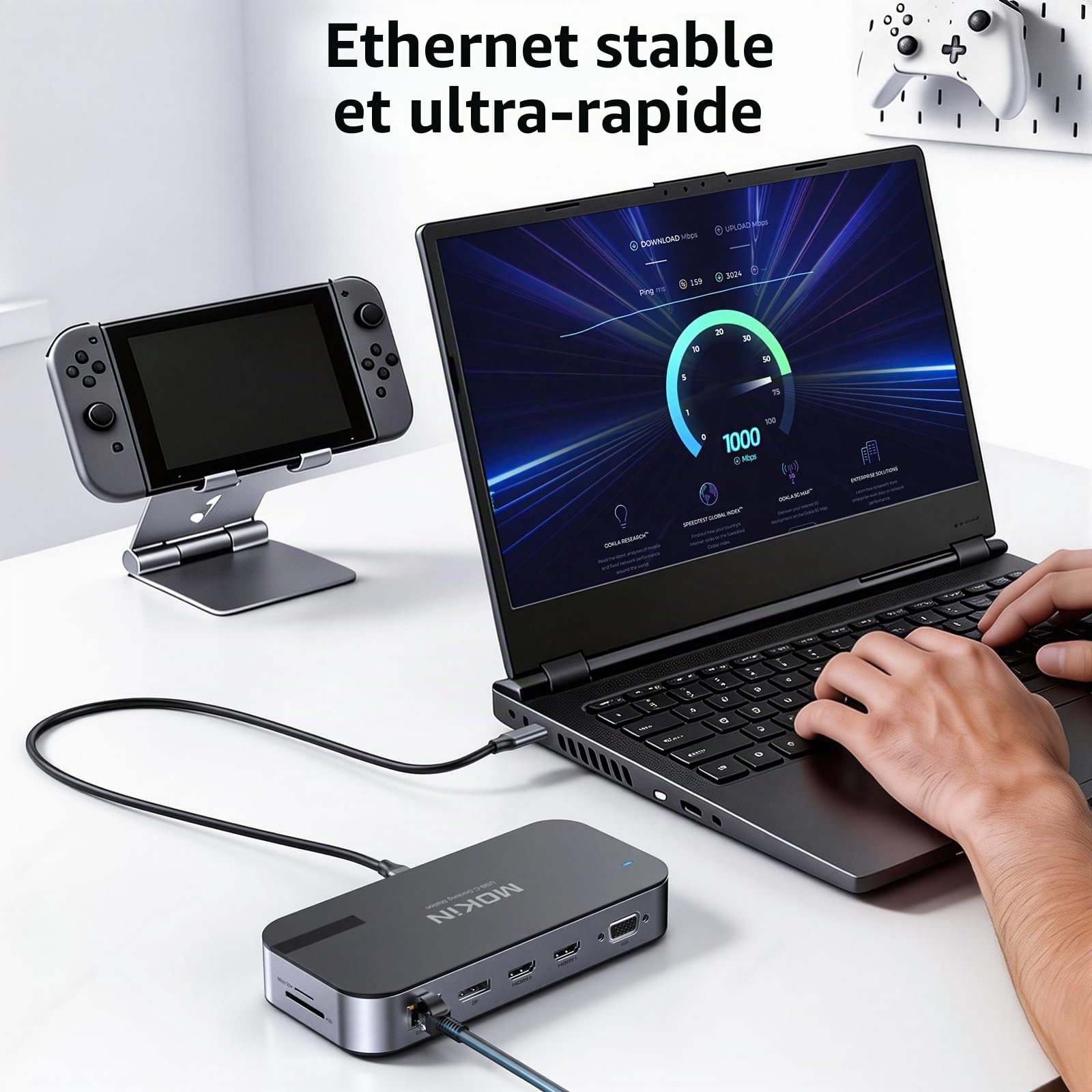 MOKiN Docking Station, 16 en 1 Stations d'accueil pour Ordinateur Portable, Dock USB C avec Double HDMI, 4K@60Hz DisplayPort, Gigabit Ethernet, VGA, PD 100W, SD/TF, Hub Adaptateur pour Dell HP Lenovo