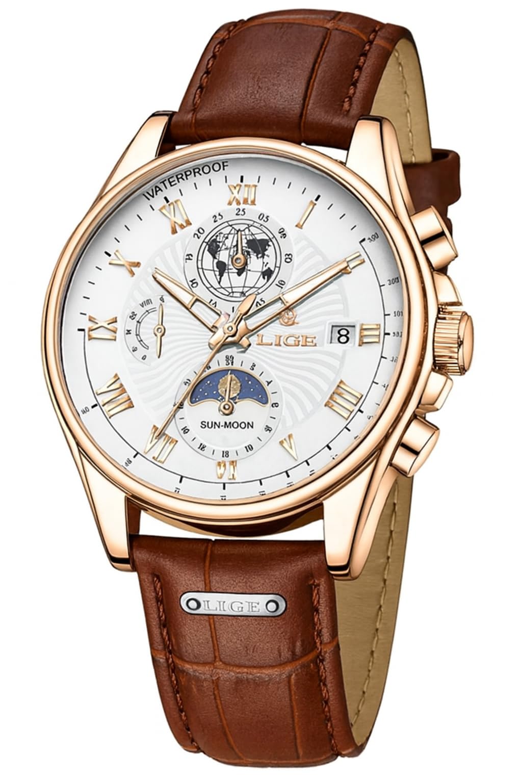 FANMIS Men's Chronograph Watch With Moon Phase - Brown Leather Strap Quartz Waterproof Watch
