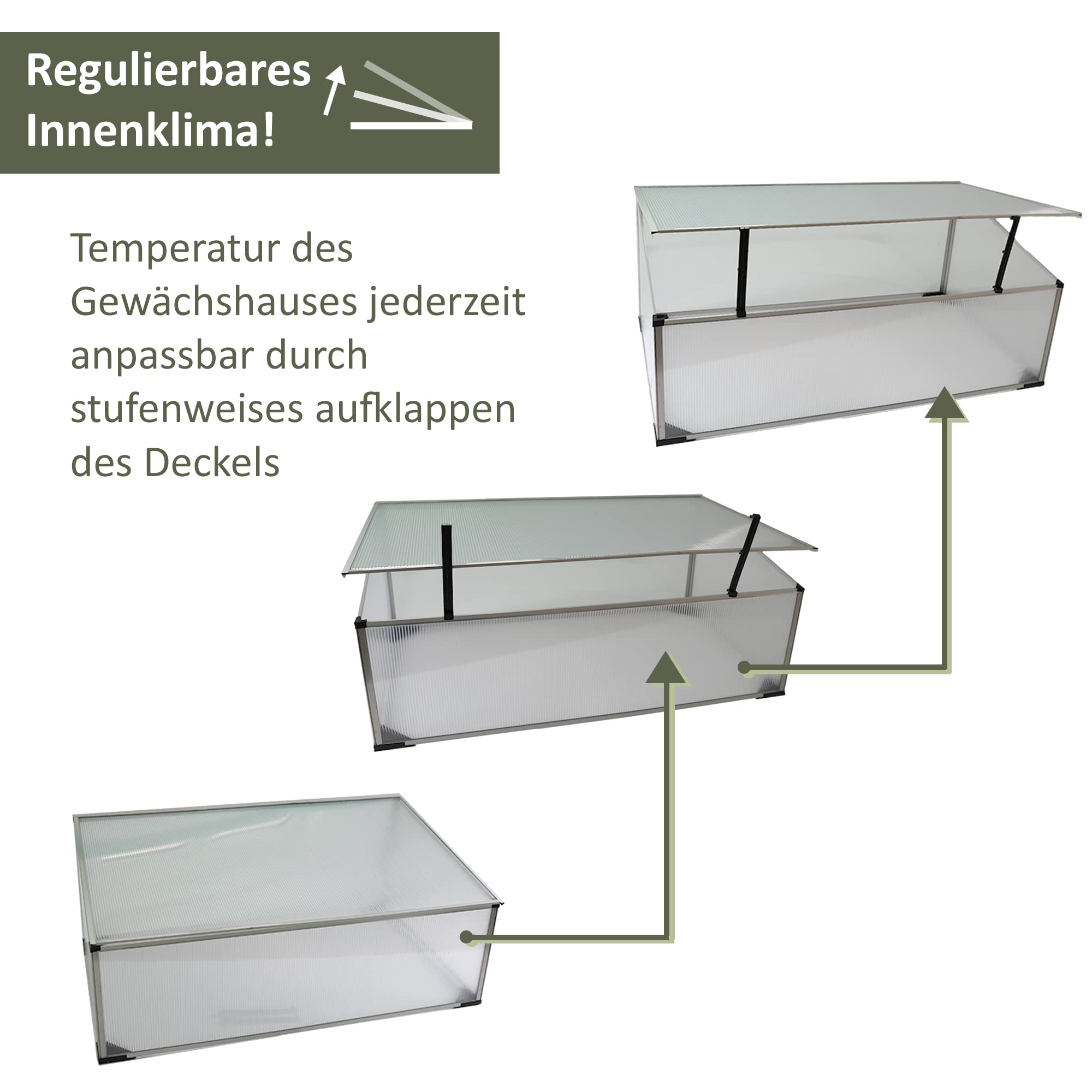 NATIV Frühbeet aus 1 mm dicken Aluminium, Hochbeet Abdeckung mit arretierbarem Dach, Frühbeetkasten mit Polycarbonatplatten, Frühbeetaufsatz für Hochbeet 100 x 60 cm, Mini Gewächshaus
