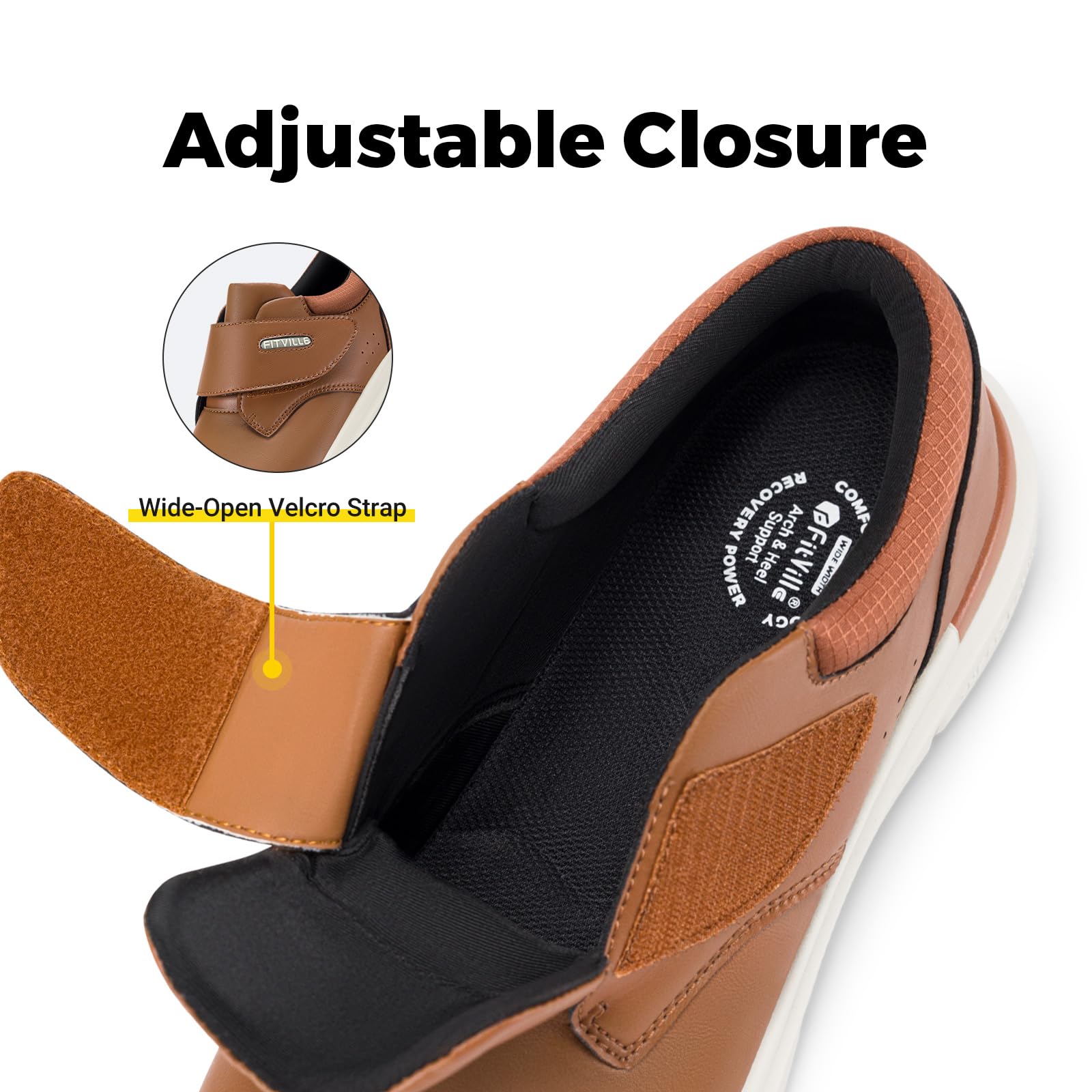 FitVille Scarpe Uomo Pelle per Diabetici Extra Larghe Scarpe Ortopediche Uomo per Piedi Gonfi Scarpe con Strappo Regolabile Allevia Dolore ai Piedi