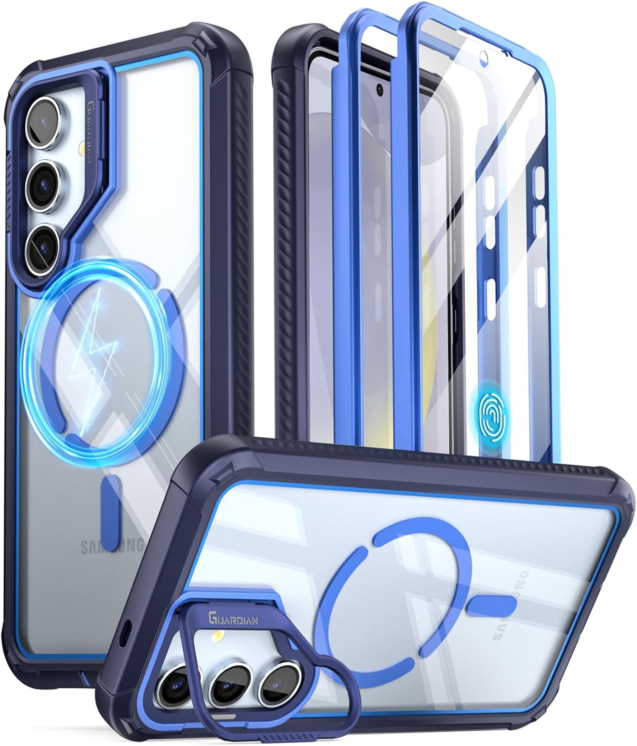 Poetic Guardian Case for Samsung Galaxy S24 6.2", [Built-in Camera Stand] [Screen Protector Work with Fingerprint ID] Full Body Shockproof Protective Rugged Clear Cover, Blue/Clear