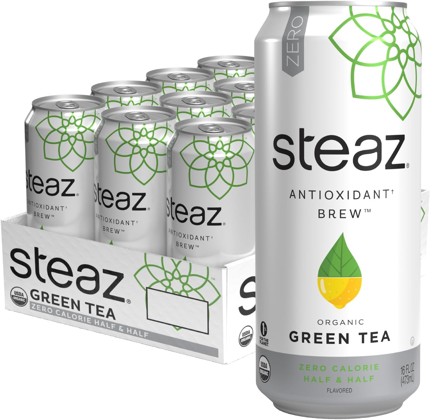 Organic Green Tea - Zero Calorie Half & Half (12 Pack) - Antioxidant Brew - 65mg Natural Caffeine, Vitamin C - Stevia Sweetened Iced Tea - Vegan, Fair Trade - 12 Cans, 16 fl oz (473mL)