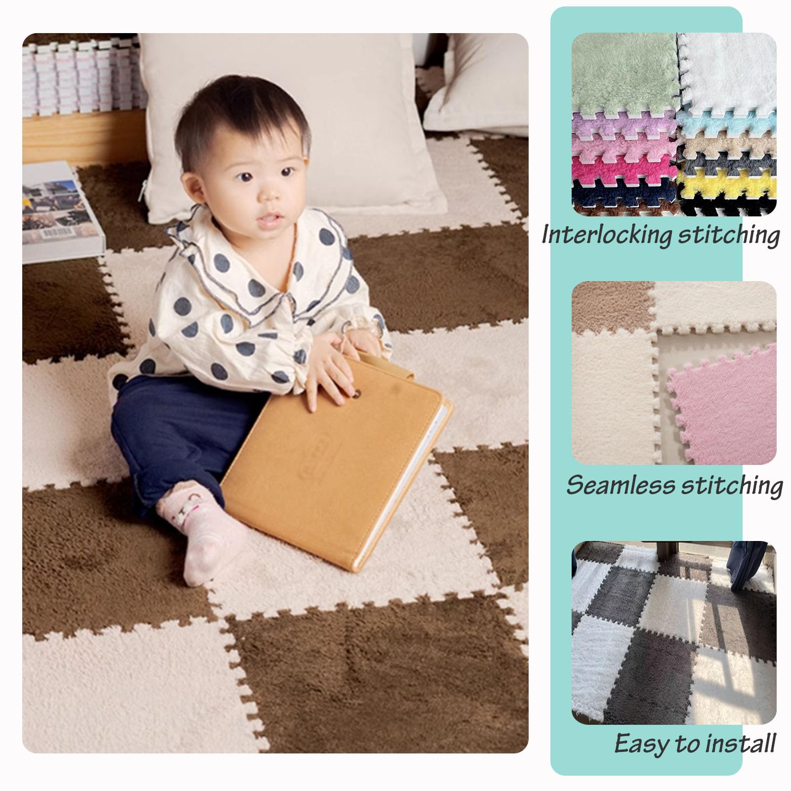 Splice Interlocking Carpet 10 Pezzi Tappetino da Pavimento Quadrato ad Incastro, Tappetino da Pavimento in Schiuma di Puzzle di Peluche, Tappeto soffice, Tappeto Morbido,Grey-One Size