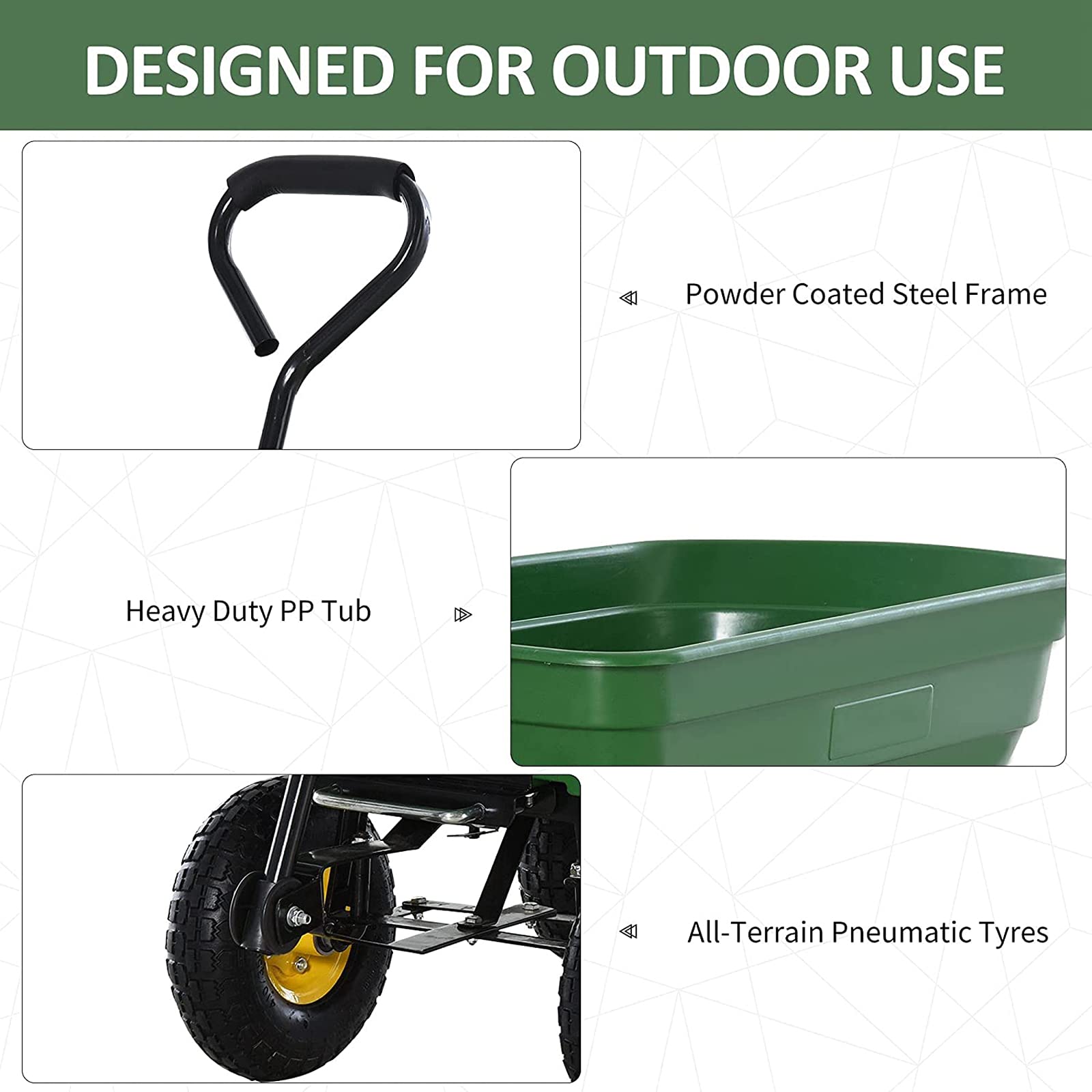 Duży wózek ogrodowy Heavy Duty, 4-kołowy wózek z wywrotem Taczka Ciężarówka z wywrotem Przyczepa Patio Magazyn Farm Wagon Skuter DIY Wózek z przyczepą, zielony, M