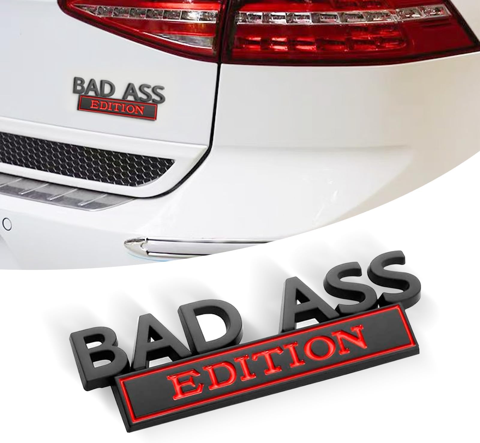 1 PC Car Fender Badge Decal, 3.93" x 1.33" Bad Ass Edition Zinc Alloy Three-Dimensional Tailgate Front Grille Hood Decal, Retrofit Decorative Replacement, for Most Car Models (Black & Red)
