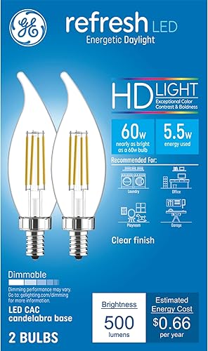 GE Refresh - Bombillas LED HD, 60 vatios, luz diurna, bombillas decorativas, transparente, base pequeña (paquete de 2)