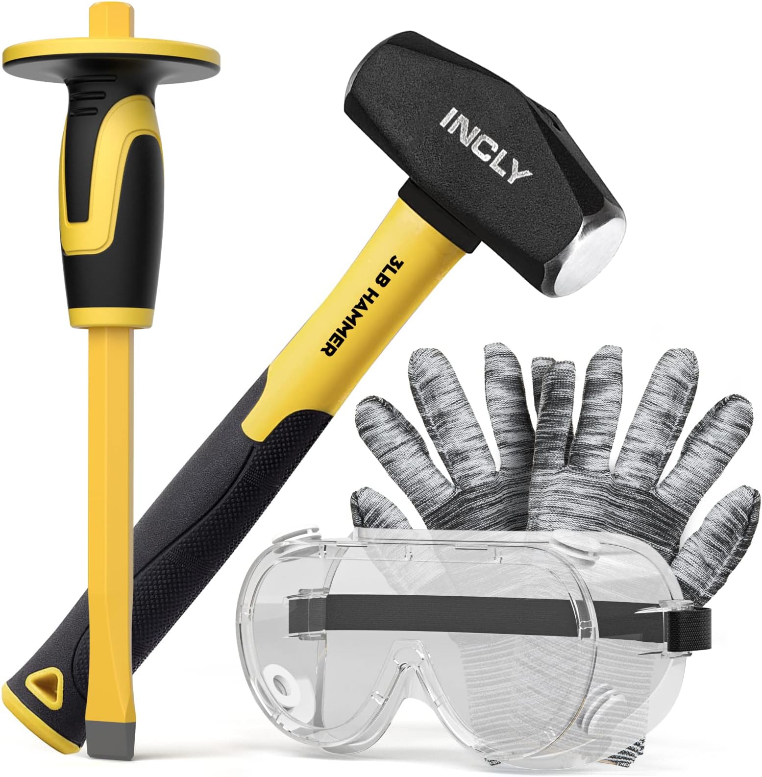 - INCLY 4 PCS Geology Rock Pick Equipment Kit, 3 Pound Sledge Rock Hammer with 12" Mason Concrete Chisel, Safety Glasses, Gloves, Tool Set for Hounding, Gold Mining & Prospecting, Brick Stone Breaking