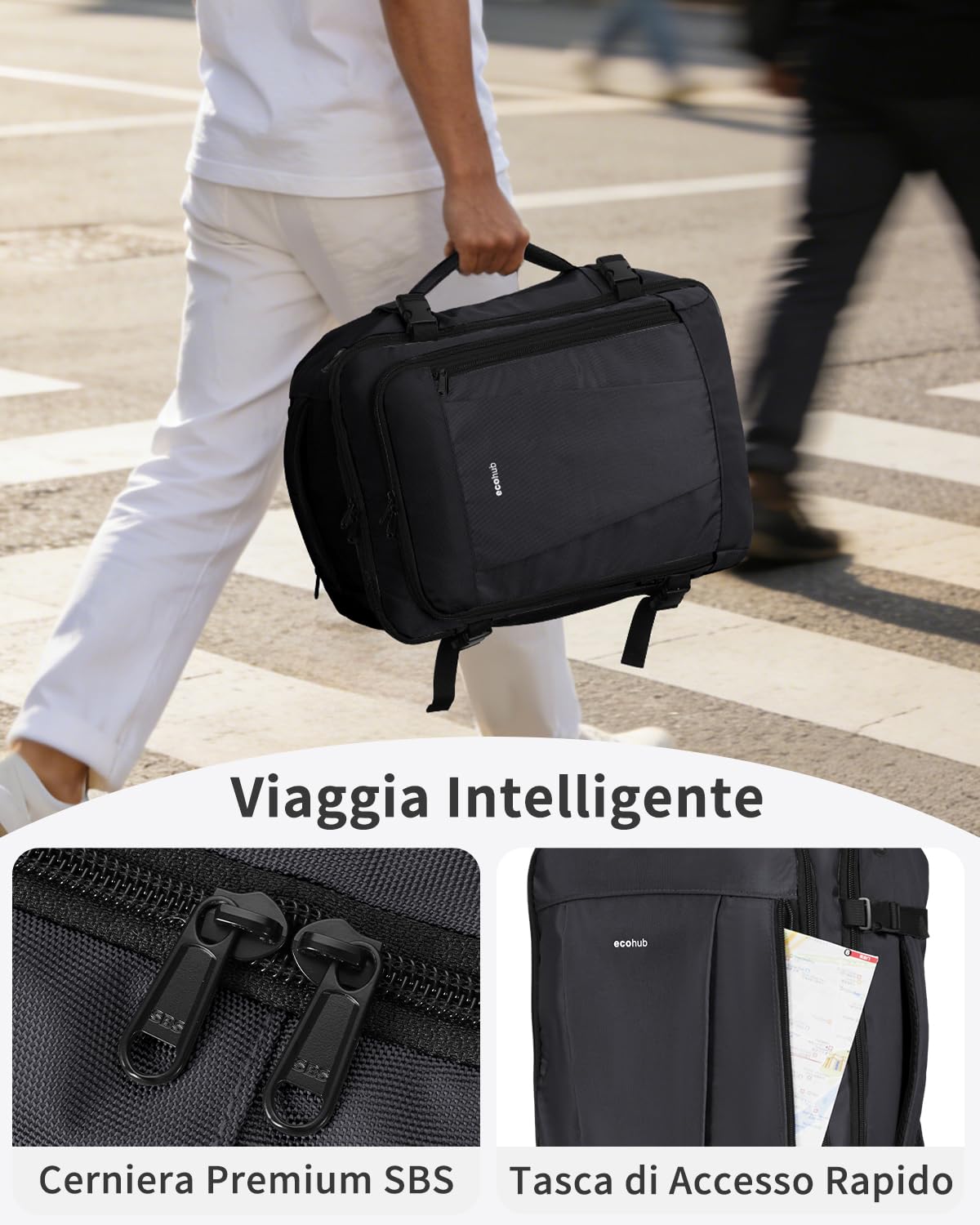 ECOHUB Zaino Ryanair 40x30x20 cm, Bagaglio a Mano 24L, 13 Tasche, Leggero | Tasca Antifurto, Sotto il Sedile, Cerniere SBS, Apertura a 180°, Resistente all'acqua, Materiale Riciclato, per Viaggi Aerei