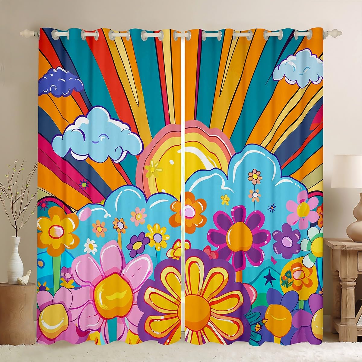 Two Groovy Party Decorations Curtains & Drapes for Kids Boys Girls Vintage Floral Flower Blackout Curtains, Rainbow Stripe Curtains Boho Hippie Sun Black Out Curtains, 70s Fashion Window Drapes