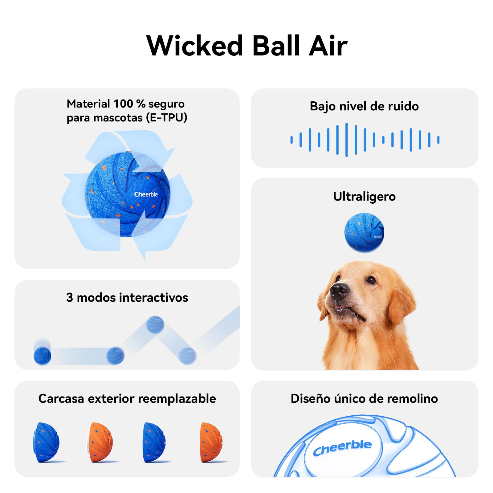 Cheerble Wicked Ball Air - Pelota Interactiva Perro, Automática Juegos para Perros, Juguete Inteligente con 3 Modos Recargable, Regalo de Cumpleaños para Perros Medianos y Grandes - Azul