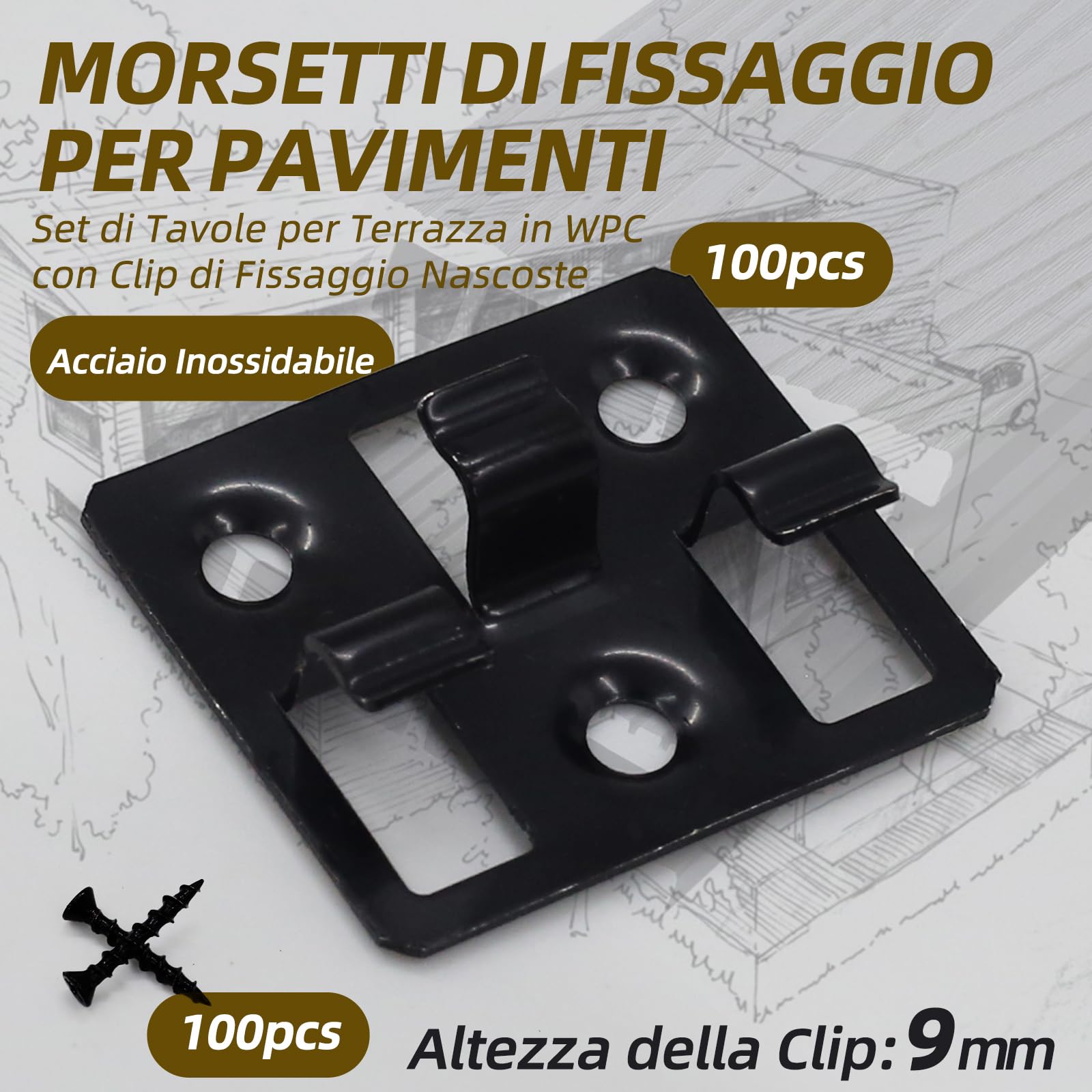 Clip per pavimento WPC, fissaggi nascosti in acciaio inox, adatti per piastrelle di pavimento WPC e BPC, fissaggi da pavimento facili da montare (100 clip, 100 viti, nero) (distanziamento 5mm altezza
