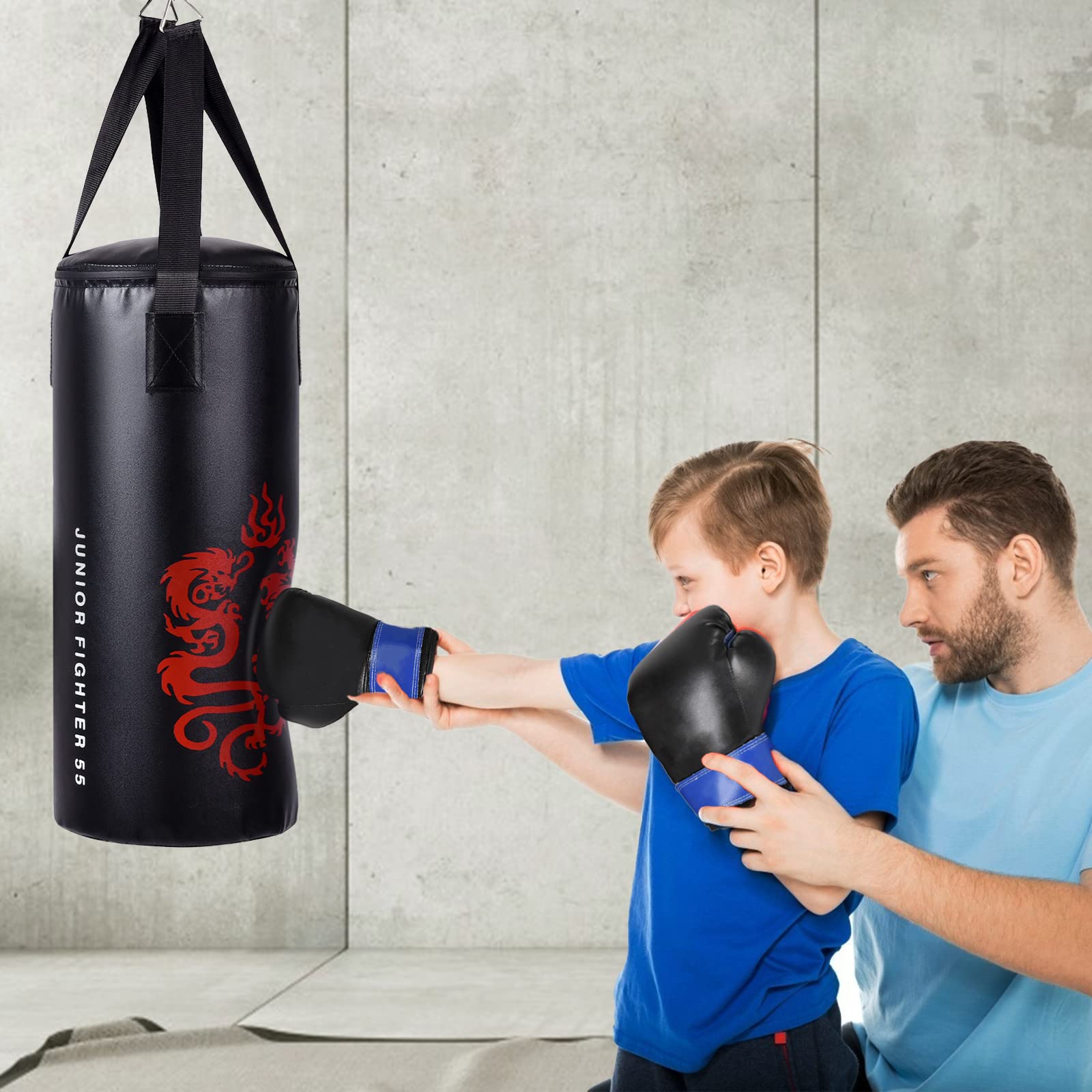 GYMAX Kinder Boxsack-Set mit Boxsack 10 kg, Sandsack mit 8 oz Boxhandschuhen, Springseil & Tragetasche, gefüllt & hängend Box-Set 60 cm, ab 3 Jahren, für Kickboxen, MMA, Muay Thai, Boxen