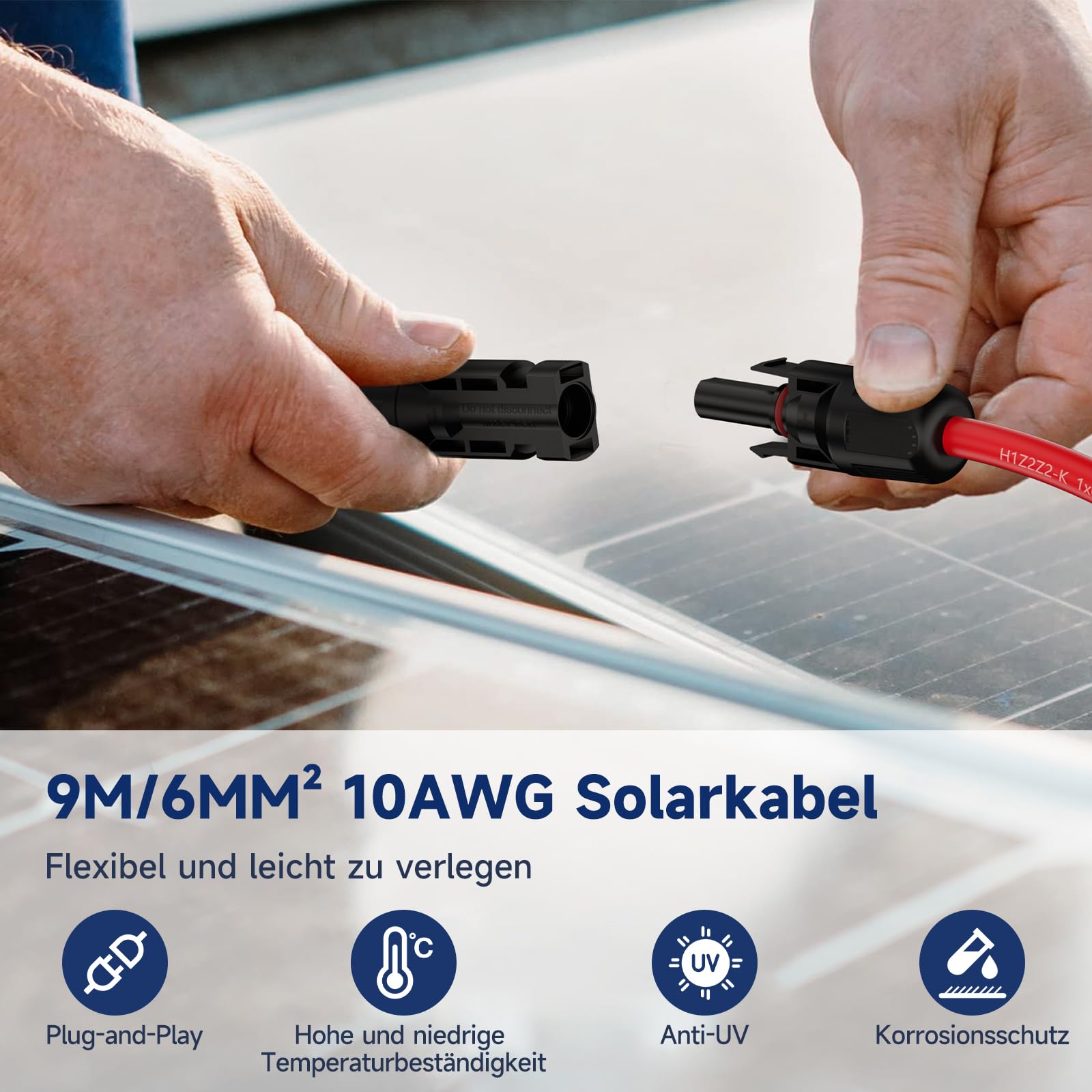CABLE SOLAR 6 MM², CABLE DE EXTENSIÓN PV 9 M CON ENCHUFE Y ENCHUFE SOLAR, ALLONGA DE CABLE SOLAR 10 AWG, CONECTOR DE CABLE FOTOVOLTAICO Impermeable IP68 para sistemas solares (rojo/negro)