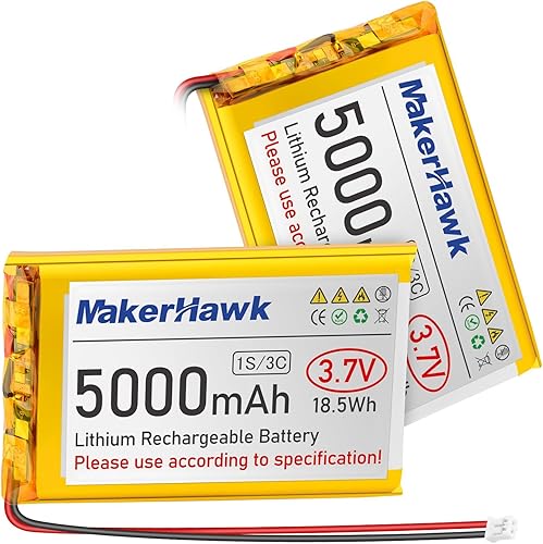 MakerHawk Batería LiPo de 3.7 V 5000 mAh recargable 1S 3C baterías de polímero de litio con placa de protección cinta de goma aislada, enchufe PH2.0