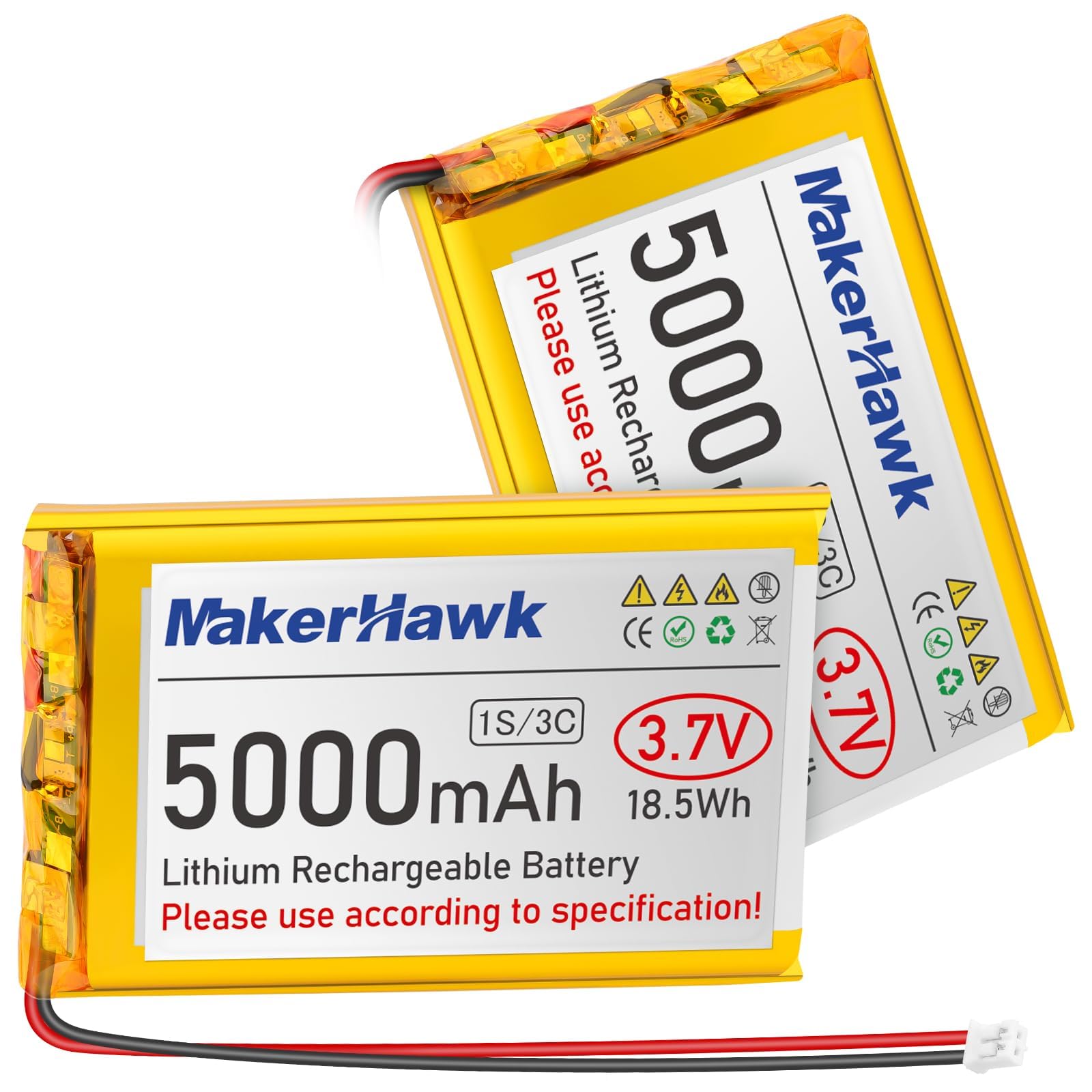 MakerHawk 3.7V 5000mAh LiPo Battery Rechargeable 1S 3C Lithium Polymer Batteries with Protection Board Insulated Rubber Tape, PH2.0 Plug for Arduino ESP32 Board RPI UPS (2 Pack)