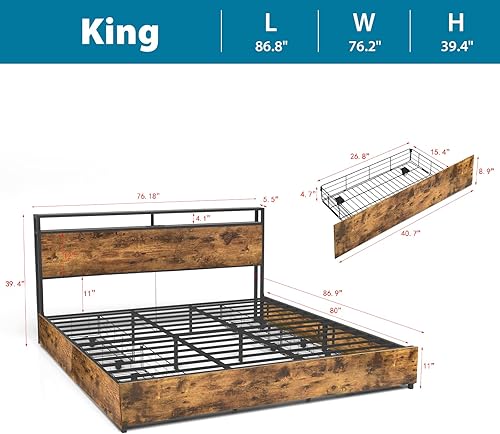 Miniatura 48 de Base de cama de tamaño matrimonial con cabecero, plataforma LED con 4 cajones de almacenamiento, estación de carga integrada, sin ruido, base de