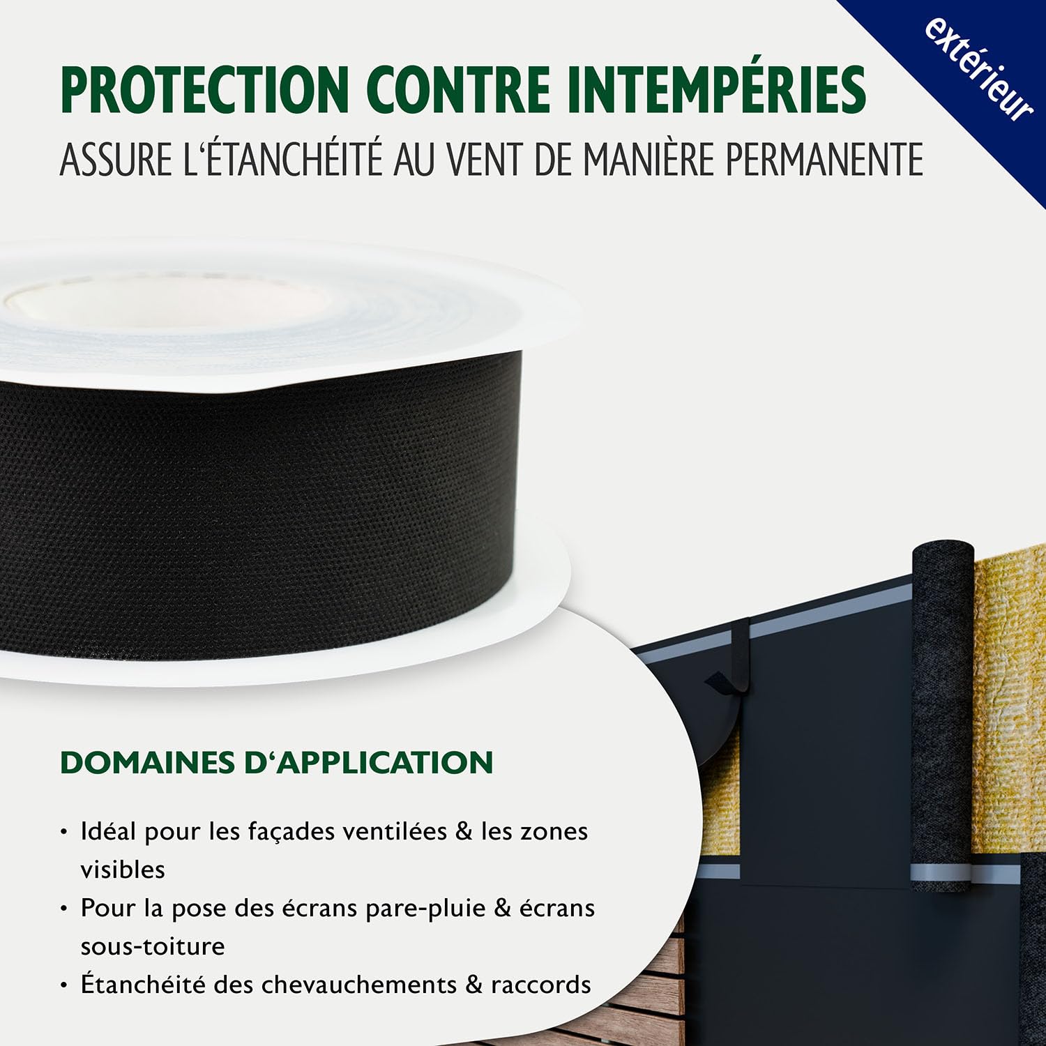ALMO Bande adhésif pour écran de façade, paquet de 2 - résistant aux UV 60mm x 25m ruban adhésif ouvert à la diffusion pour lé de sous-toiture et lé de façade, film de liner résistant à la déchirure