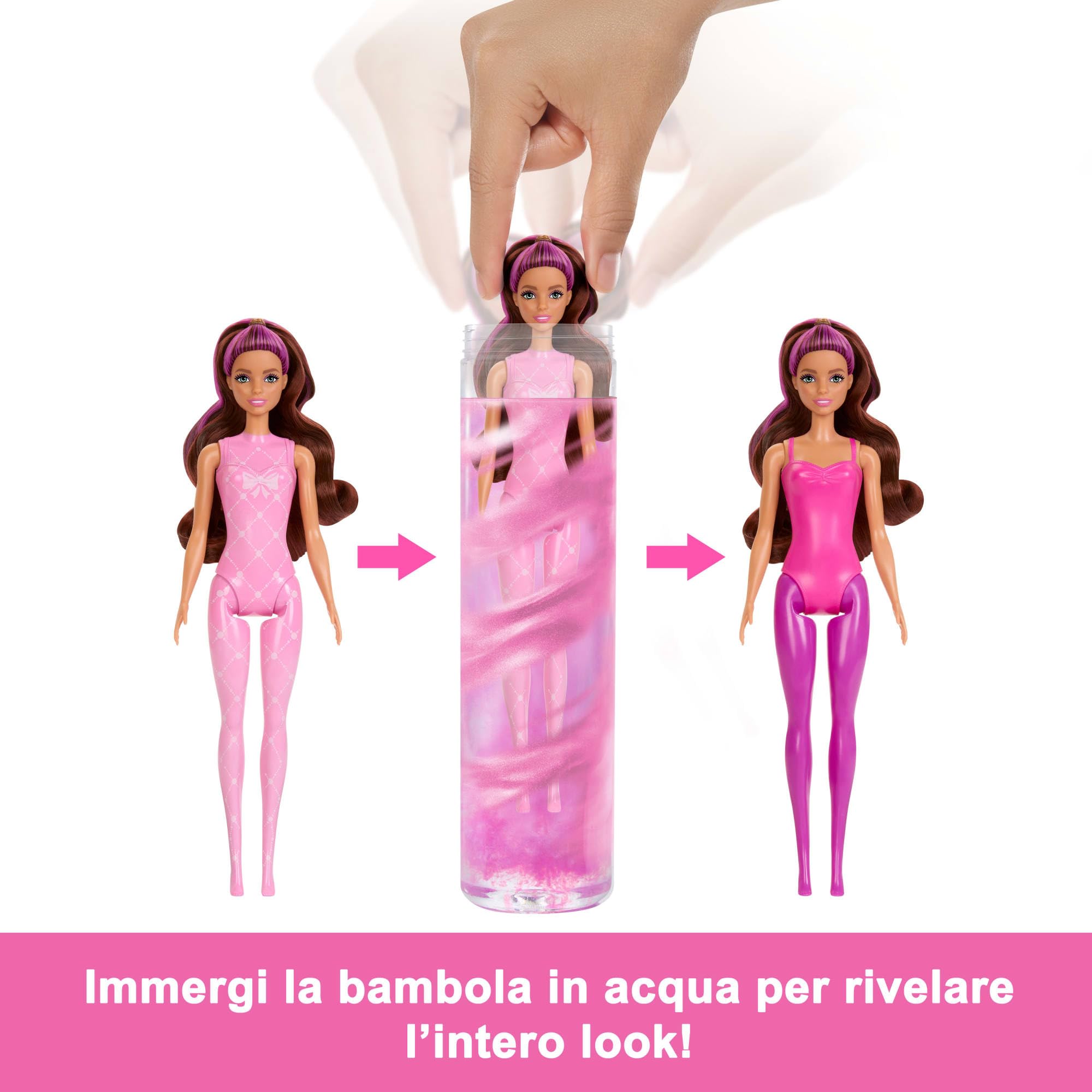 Barbie - Color Reveal Serie Ballerina assortimento, bambole ispirate al Balletcore con 6 accessori a sorpresa da scoprire con effetto cambia colore, giocattolo per bambini, 3+ anni, HRK17