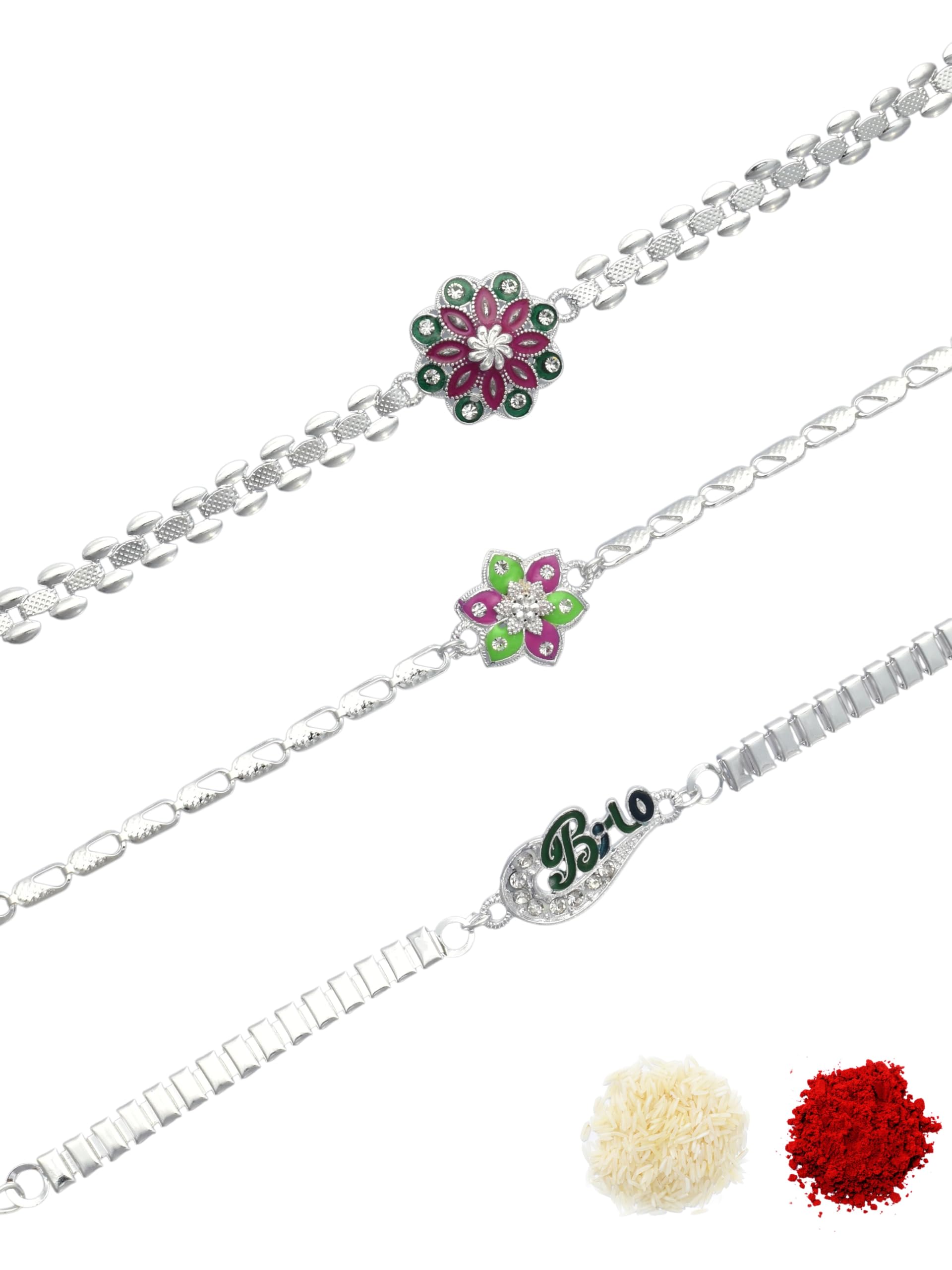 Premium Multi-coloured Minakari Finish Silver-Plated Combo of 3 Bracelet Type Chain Stylish Rakhi for Raksha Bandhan for Brother, Bhai, Bhaiya, with Roli Chawal and Greeting Card-61-image-49