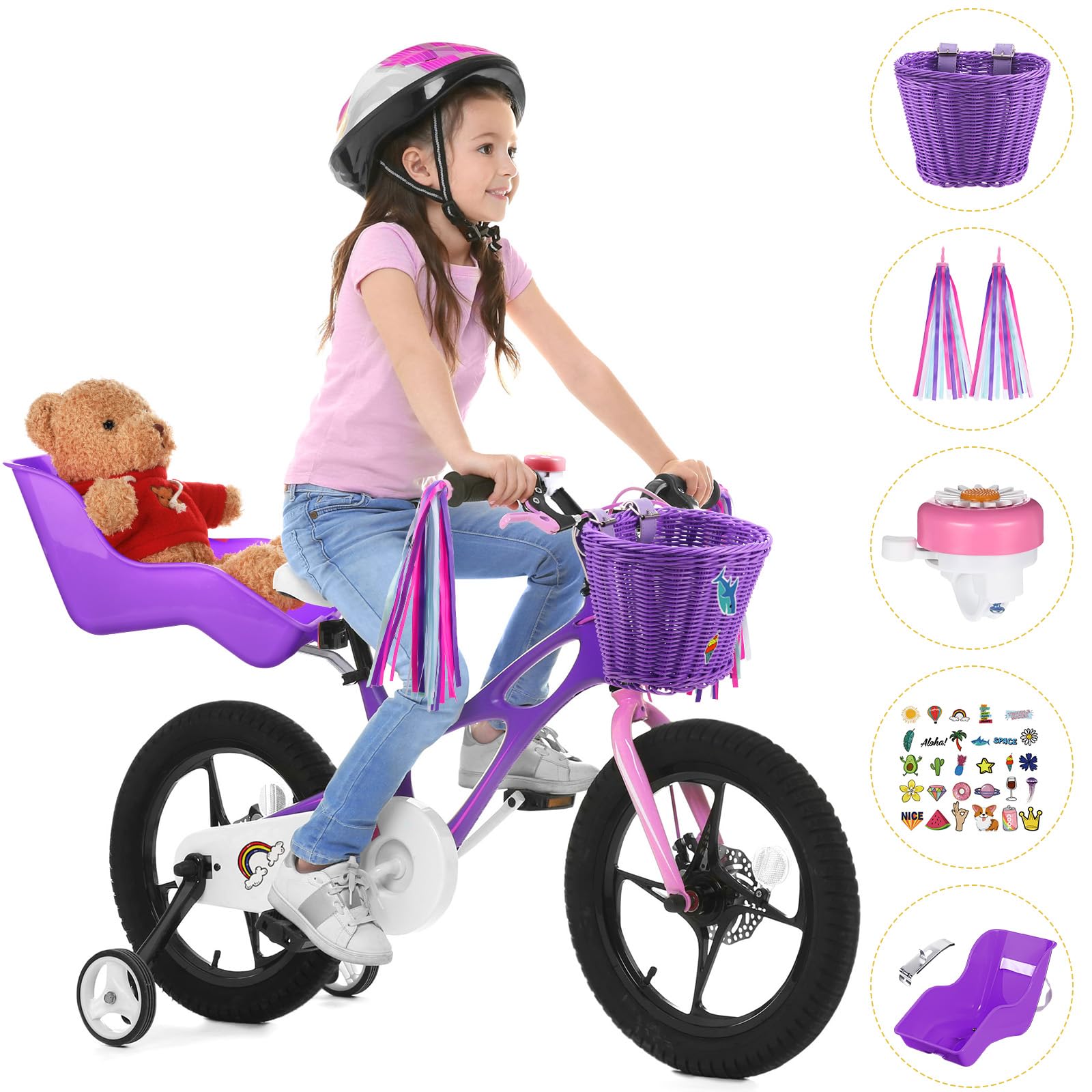 Asiento de bicicleta para muñeca con 30 calcomanías, cesta de bicicleta para niños, manillar de bicicleta, cintas coloridas, borla, margarita, campana de bicicleta para niñas, niños, 4