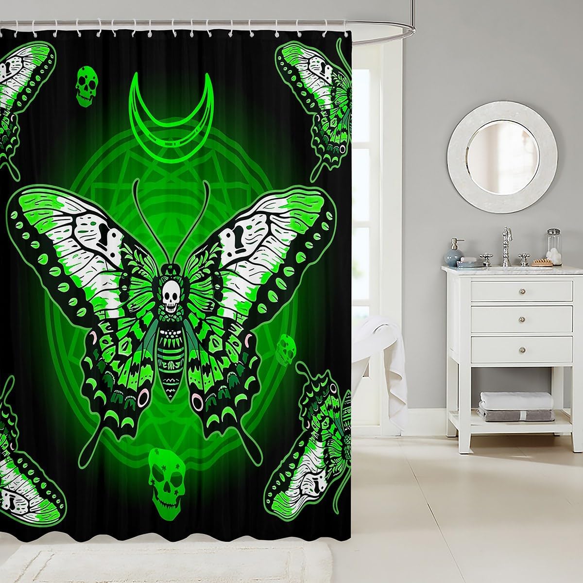 Erosebridal Boho Moth Shower Curtain Sugar Skull Bath Curtain Halloween Gothic Skeleton Bathtub Shower Curtain Galaxy Starry Sky Shower Stall Curtain Boys Teens, Green White Black 72" W x 84" L