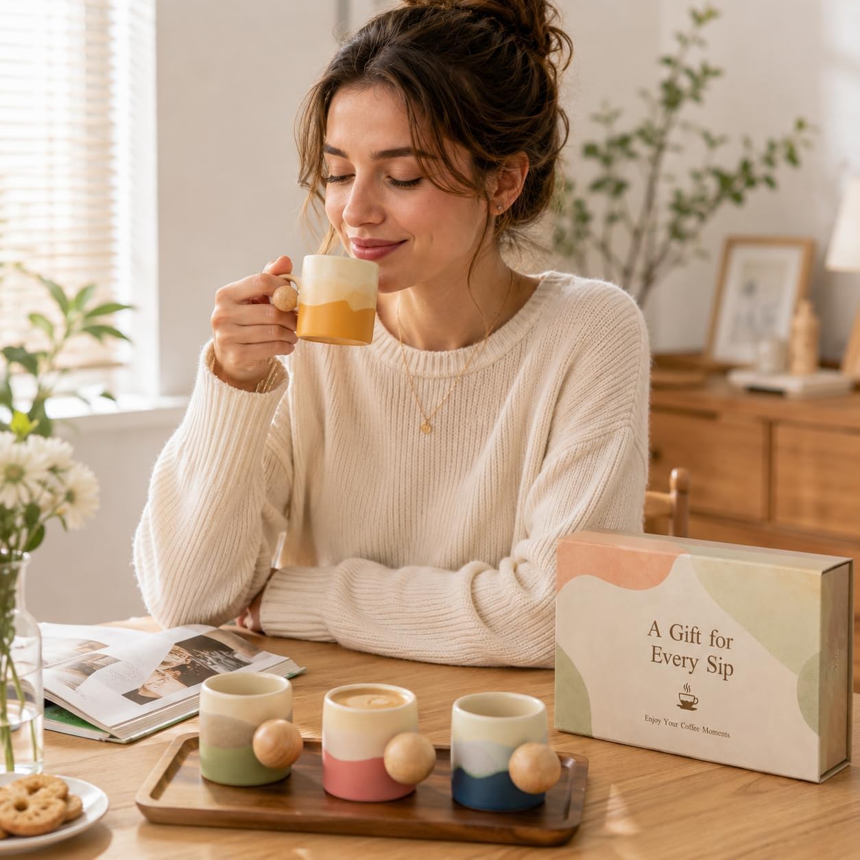 4 PCS Ceramic Espresso Cups, 2.4 oz Demitasse Coffee Cup with Wooden Ball Handle, Gradient Color Small Coffee Mug Set, Ceramic Tea Cups with Present Box Packaging